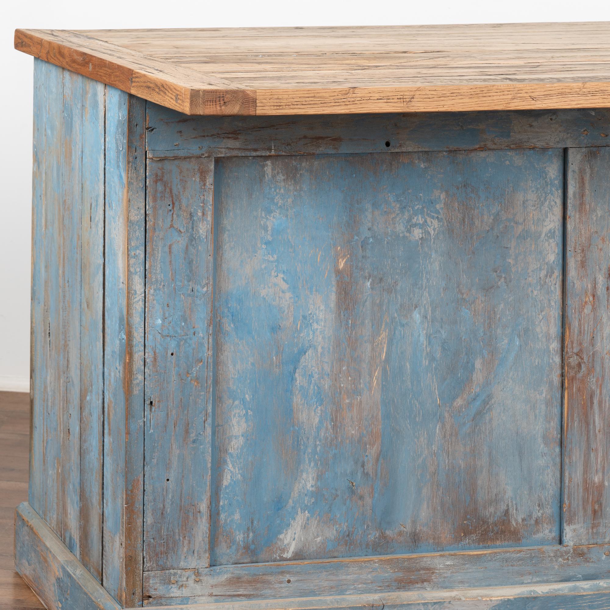 Large Blue Painted Rustic Kitchen Island Shop Apothecary, Sweden circa 1890 3