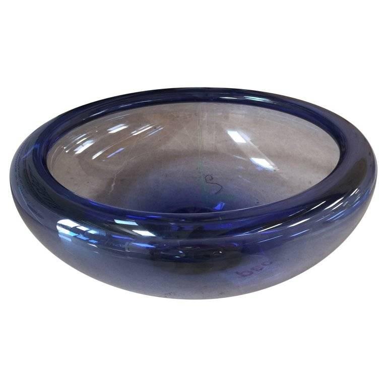 Large Danish Blue Provence Art Glass Bowl By Per Lutken By Holmegaard