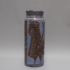 Large Blue-Purple Ceramic Vase with French Coq by Jacques Pouchain, circa 1950s