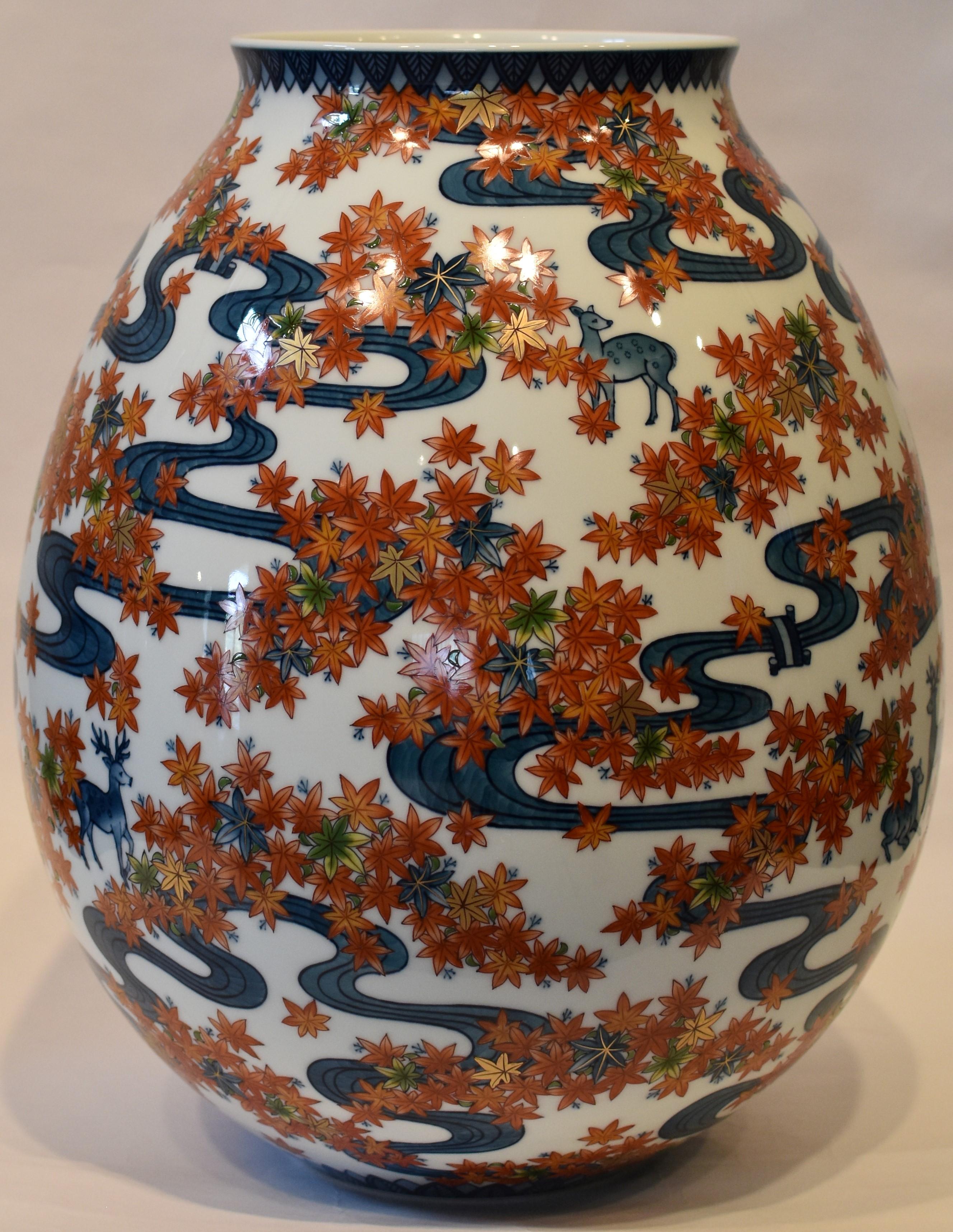 Gilt Japanese Contemporary Blue Red Porcelain Vase by Master Artist, 3 For Sale