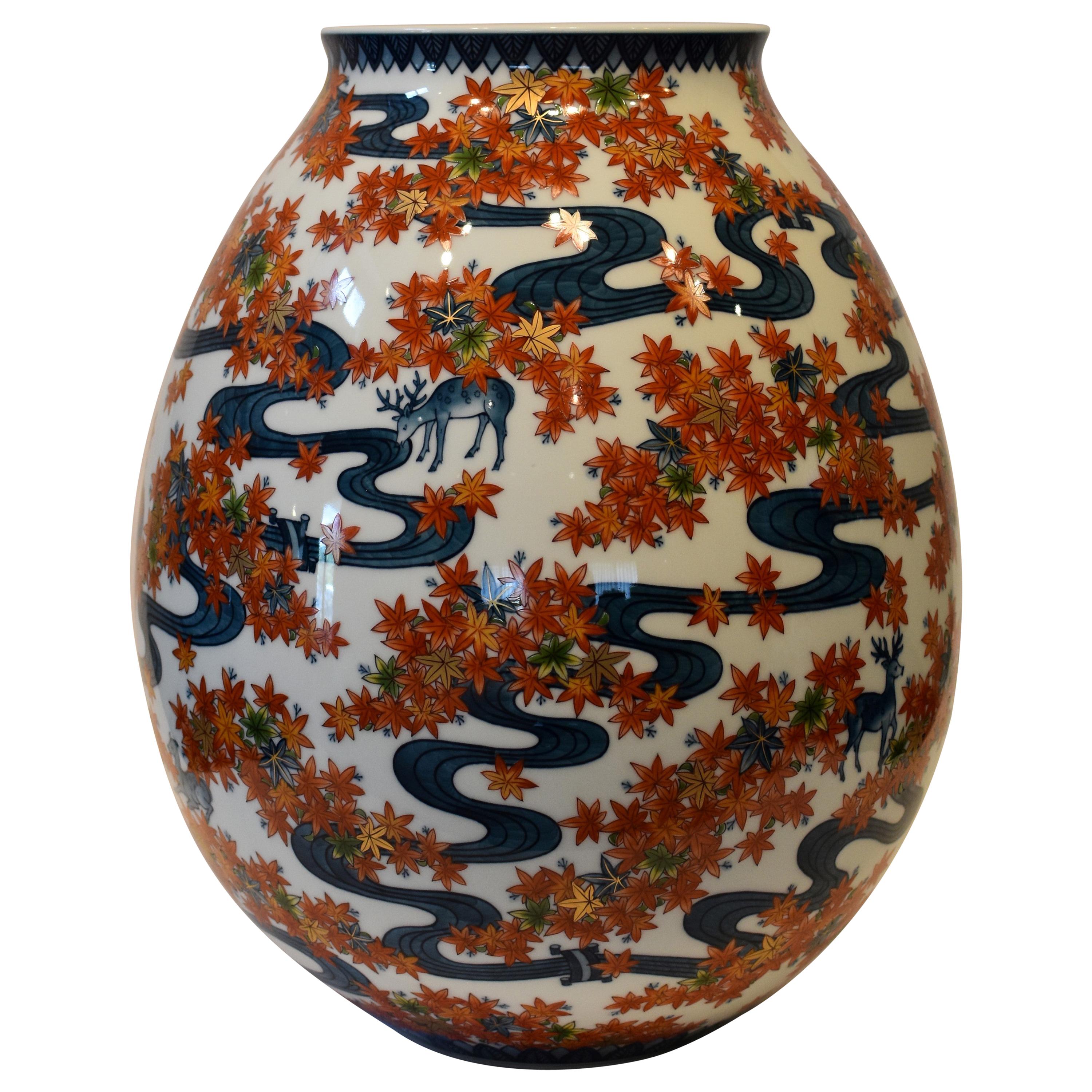 Japanese Contemporary Blue Red Porcelain Vase by Master Artist, 3 For Sale