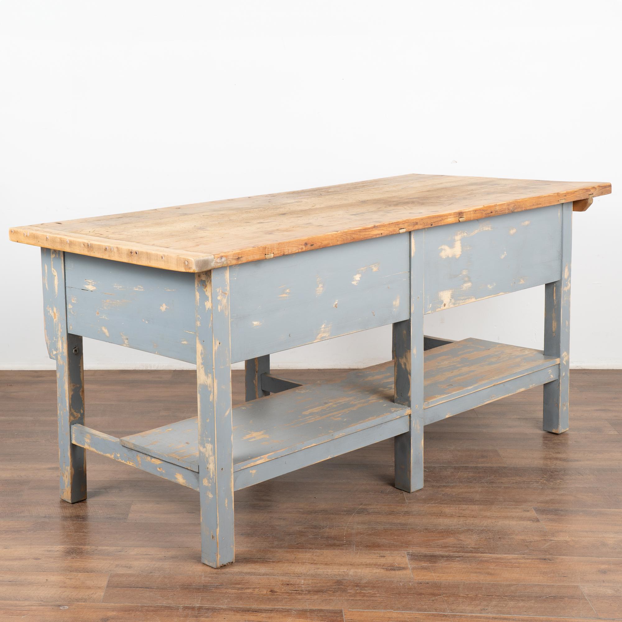 Large Blue Rustic Work Table Kitchen Island With 2 Drawers and Shelf, Circa 1890 For Sale 3