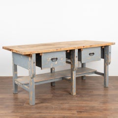 Large Blue Rustic Work Table Kitchen Island With 2 Drawers and Shelf, Circa 1890
