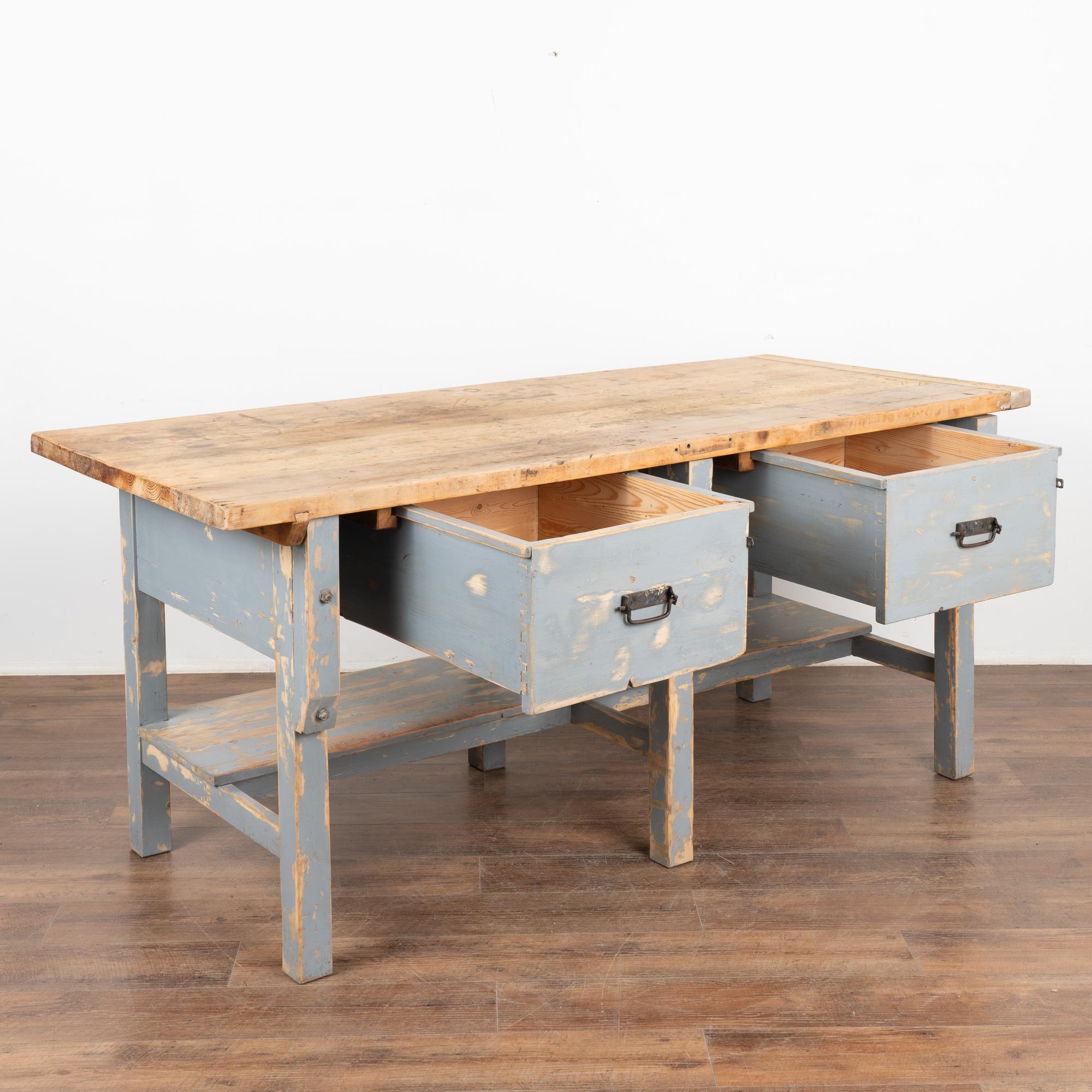 Hungarian Large Blue Rustic Work Table Kitchen Island With 2 Drawers and Shelf, Circa 1890 For Sale
