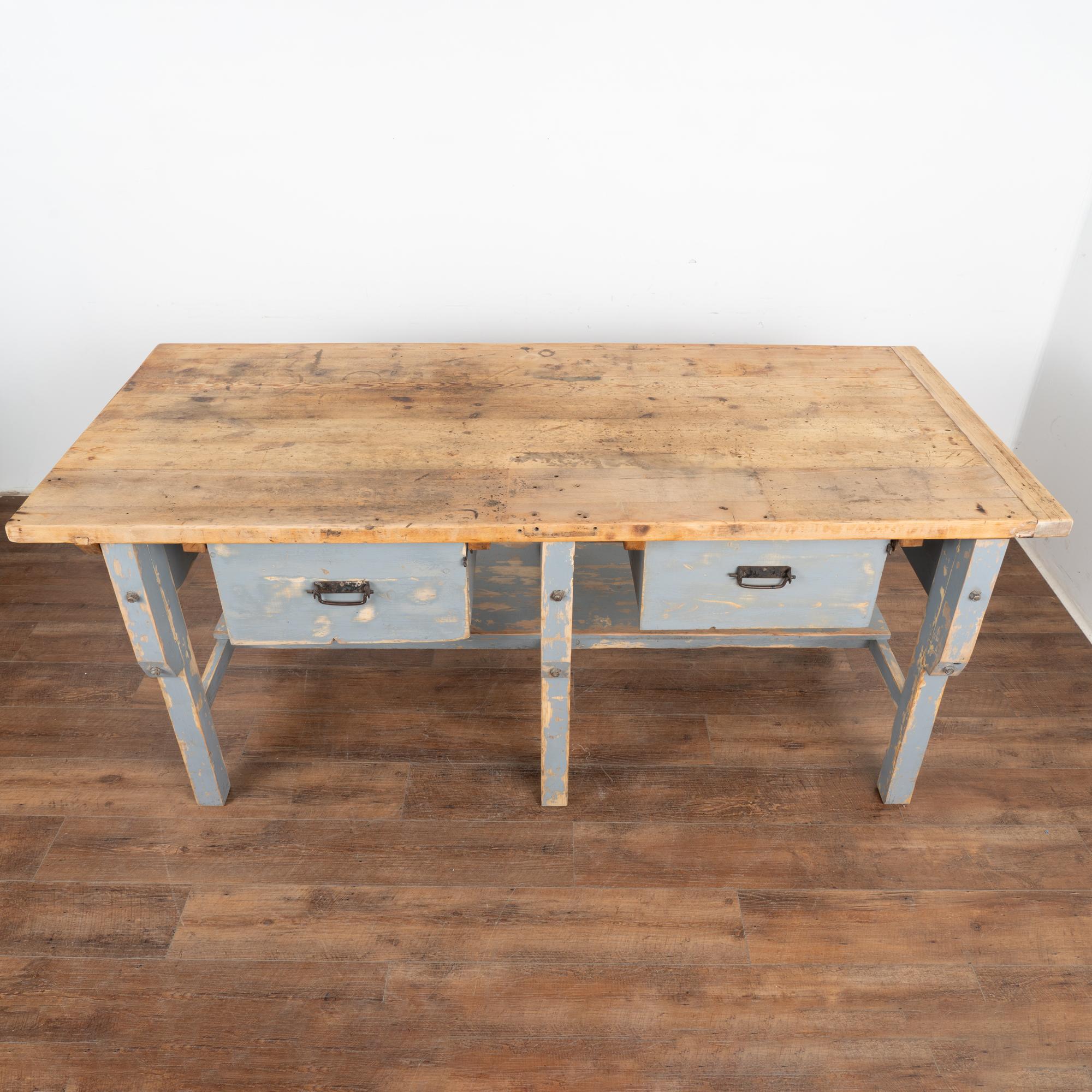 19th Century Large Blue Rustic Work Table Kitchen Island With 2 Drawers and Shelf, Circa 1890 For Sale