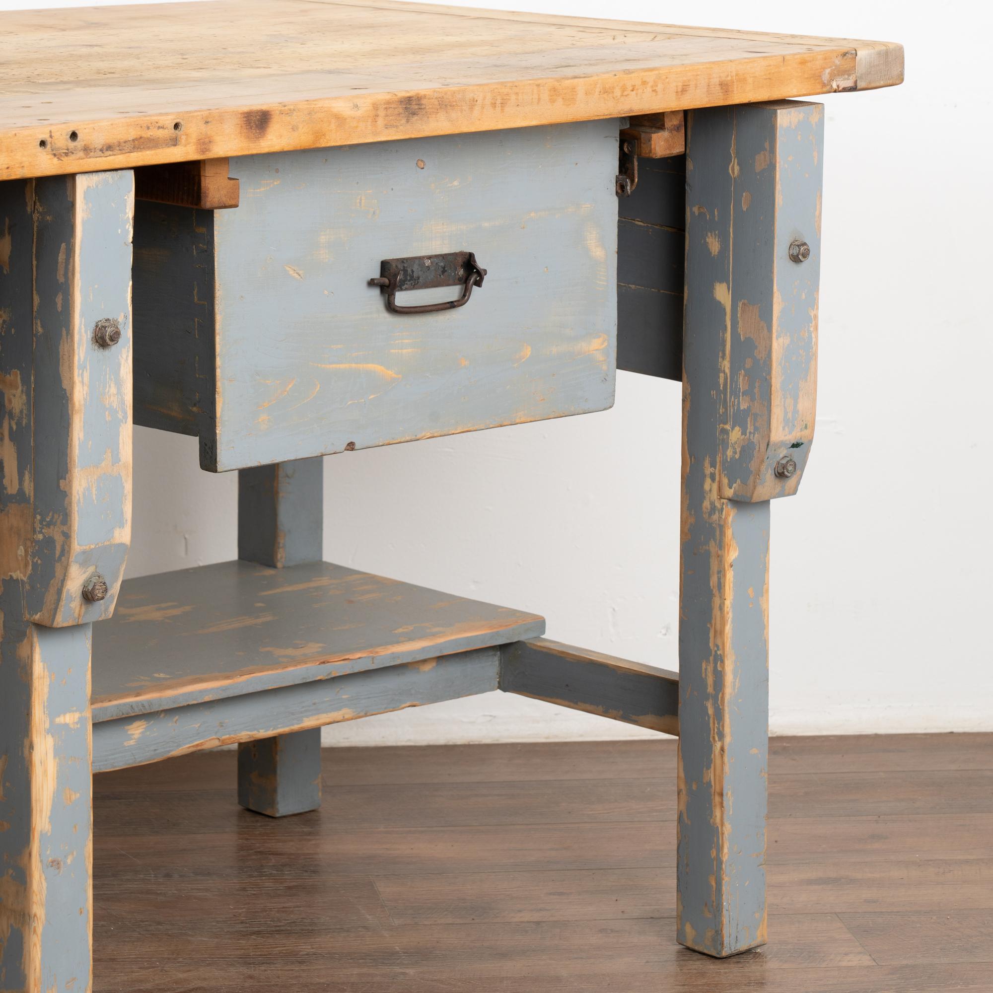 Large Blue Rustic Work Table Kitchen Island With 2 Drawers and Shelf, Circa 1890 For Sale 1