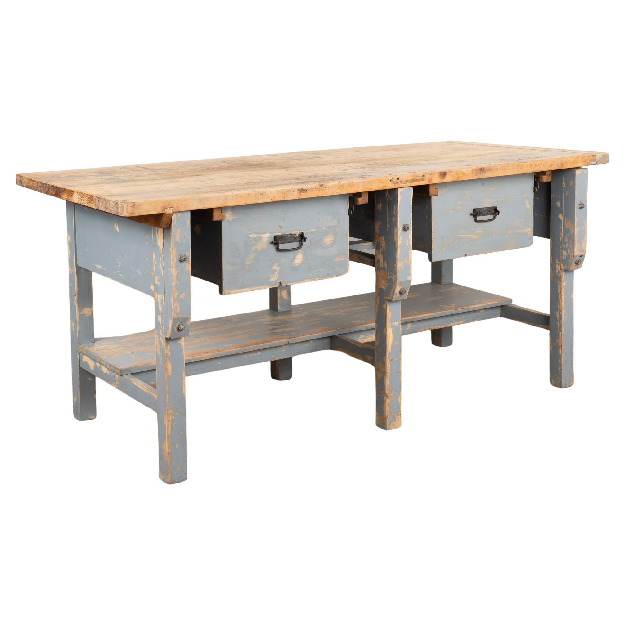 Large Blue Rustic Work Table Kitchen Island With 2 Drawers and Shelf, Circa 1890