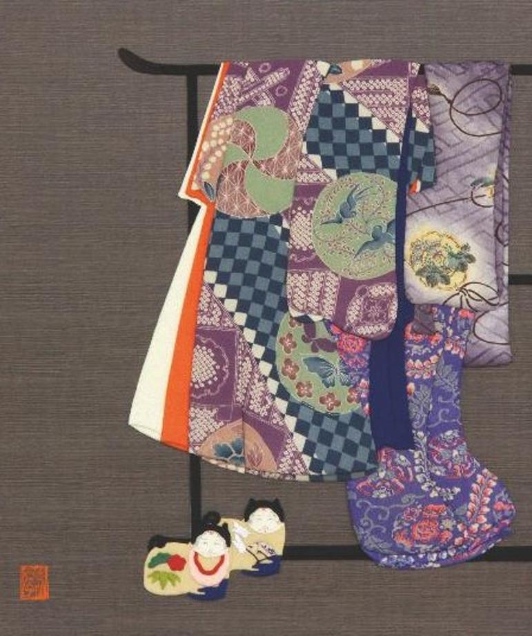 Large Japanese contemporary framed three-dimensional decorative art piece in Japanese traditional silk and brocade in soft green, blue and purple on a deep gray background, recreating an 18th century 