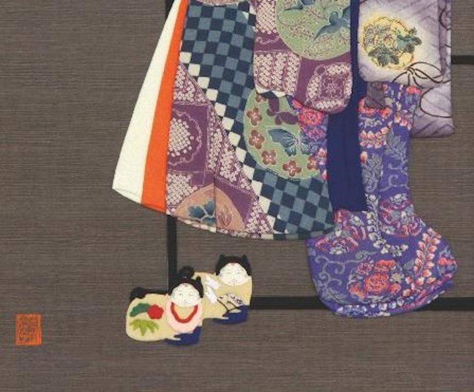 Meiji Arte decorativa giapponese contemporanea incorniciata in broccato di seta blu viola grigio in vendita