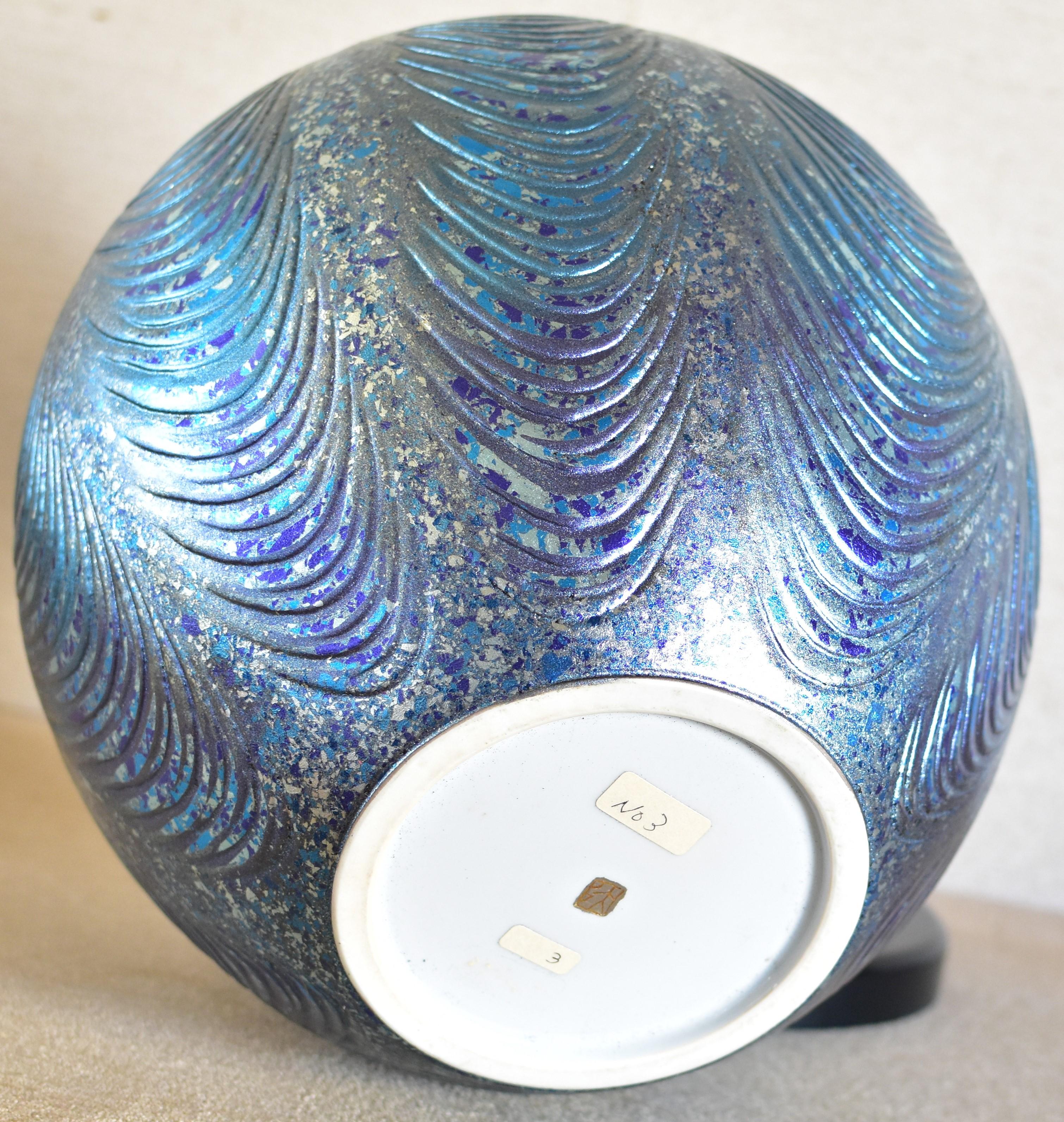 Hand-Painted Large Blue Silver Porcelain Vase by Contemporary Japanese Master Artist For Sale