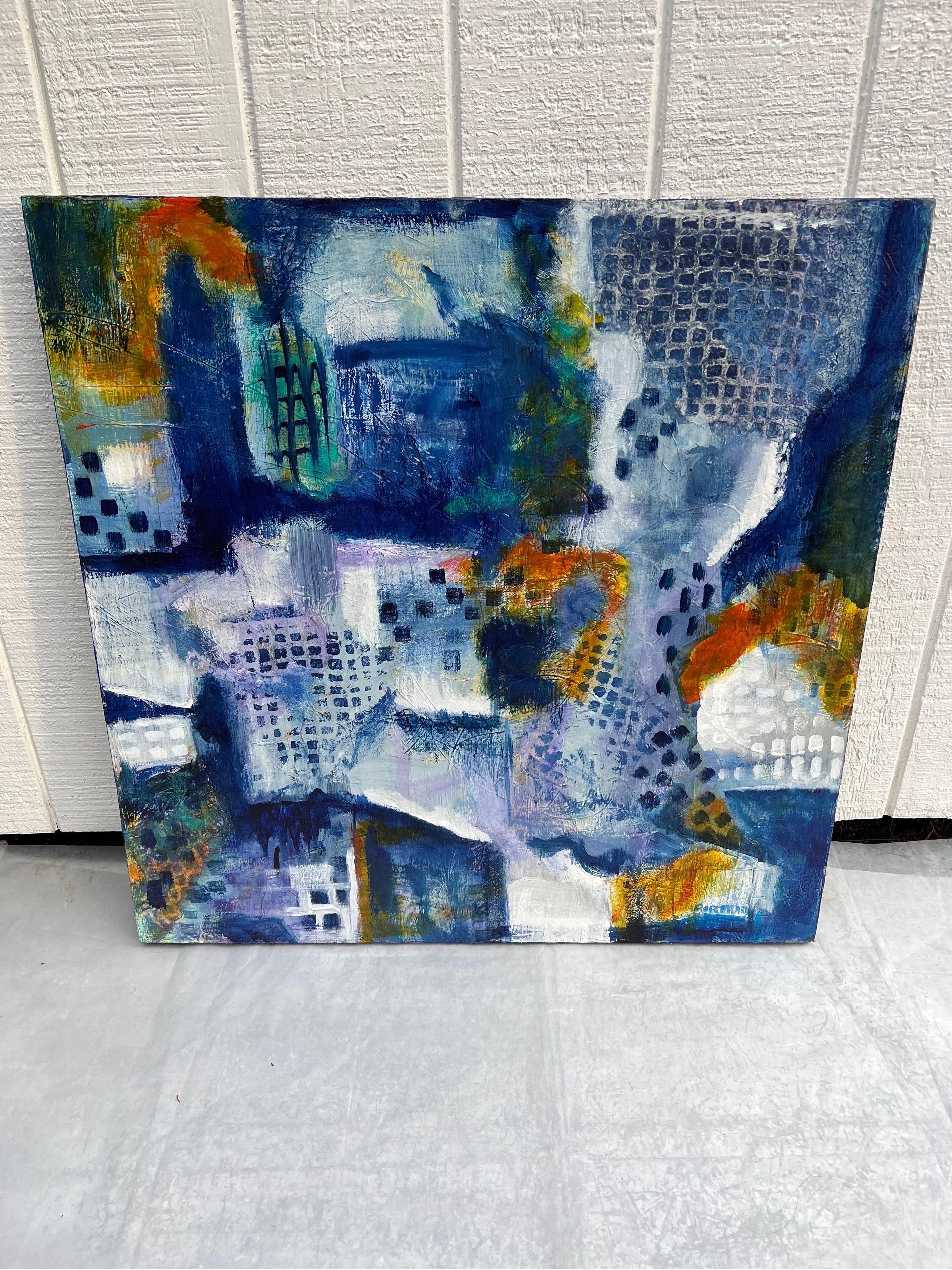 Großes blaues, quadratisches, abstraktes Gemälde von Carol Bertrand im Angebot 7