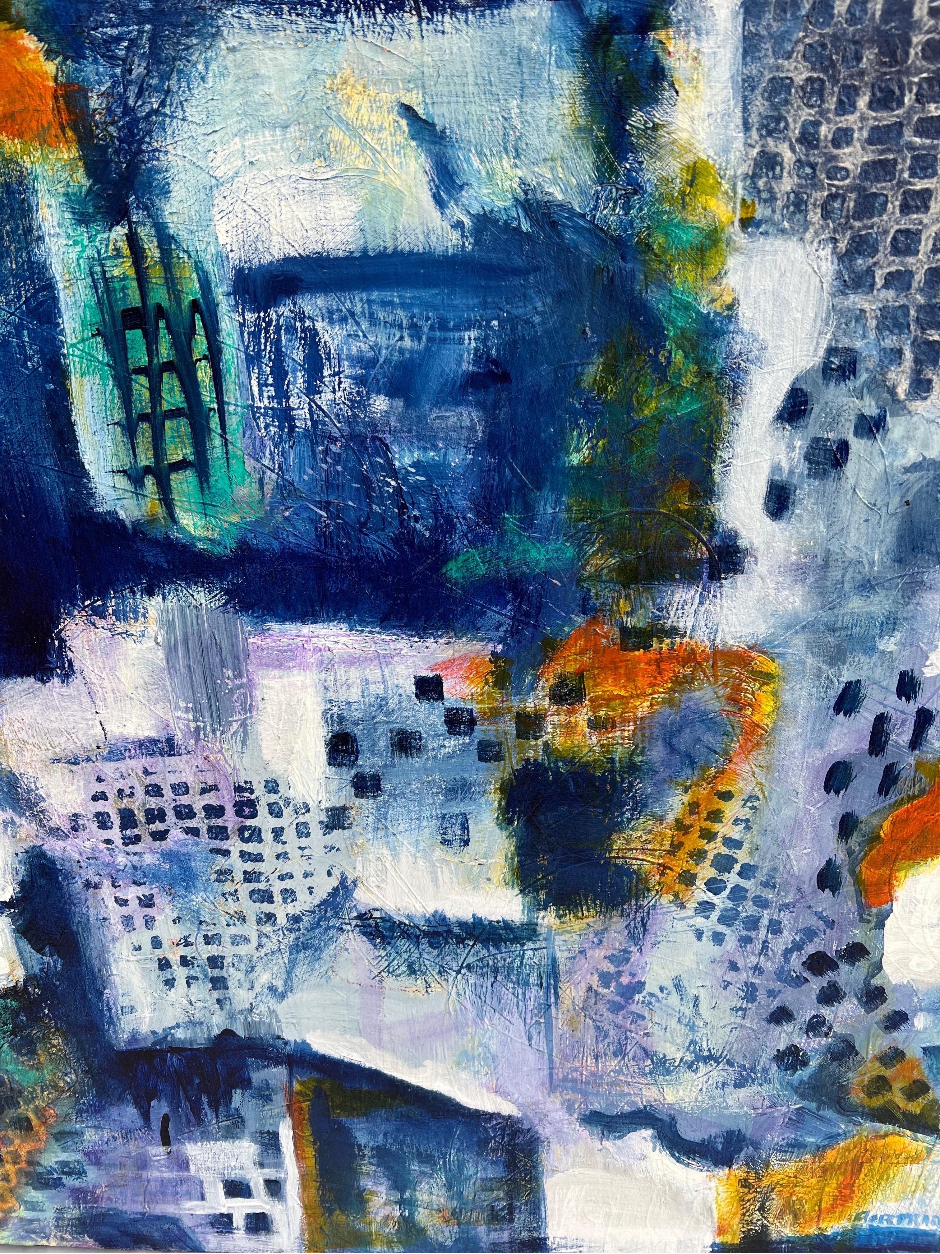 Großes blaues, quadratisches, abstraktes Gemälde von Carol Bertrand (Moderne der Mitte des Jahrhunderts) im Angebot