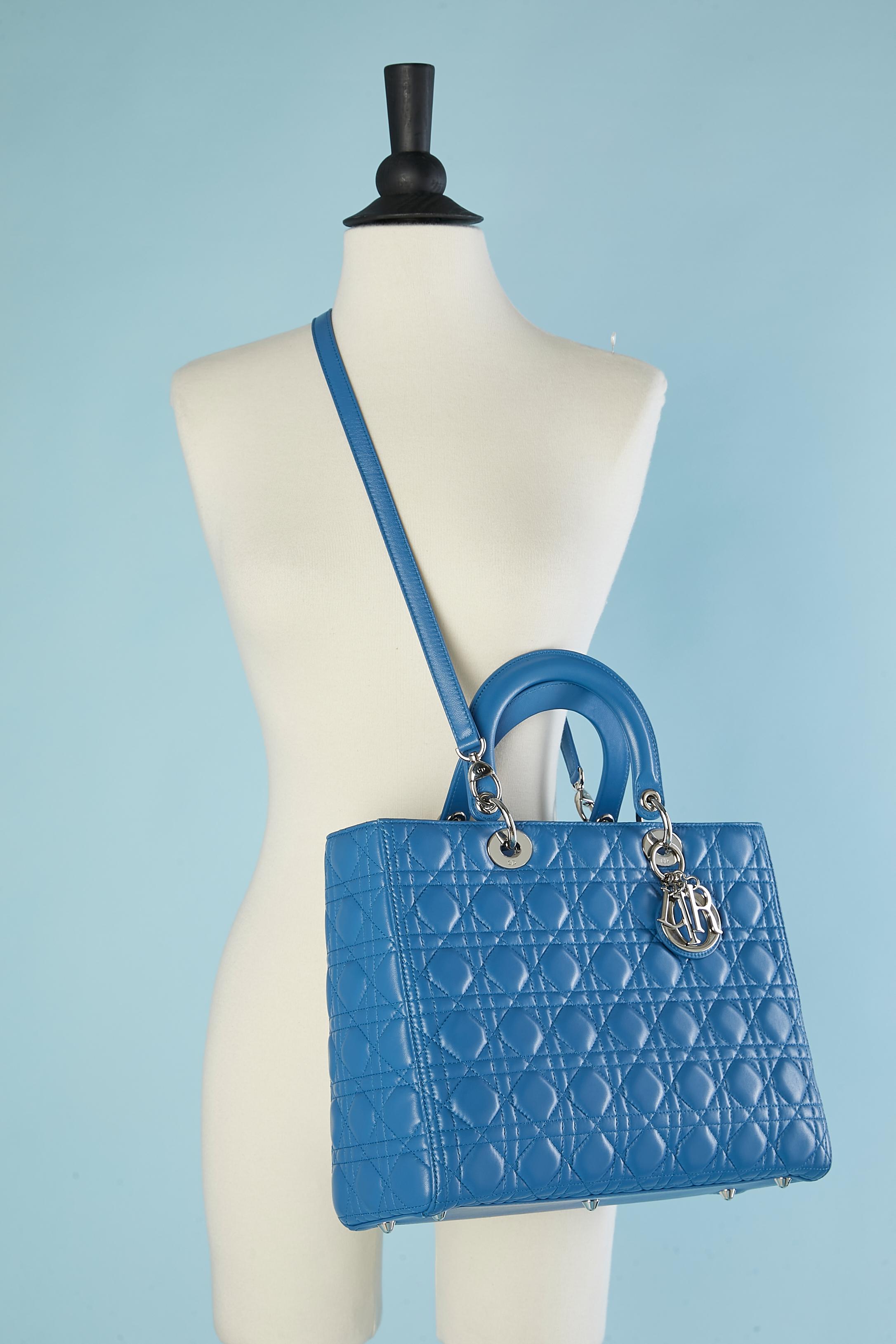 Blue Large blue top-stitched leather Lady Dior bag Christian Dior Numbered For Sale