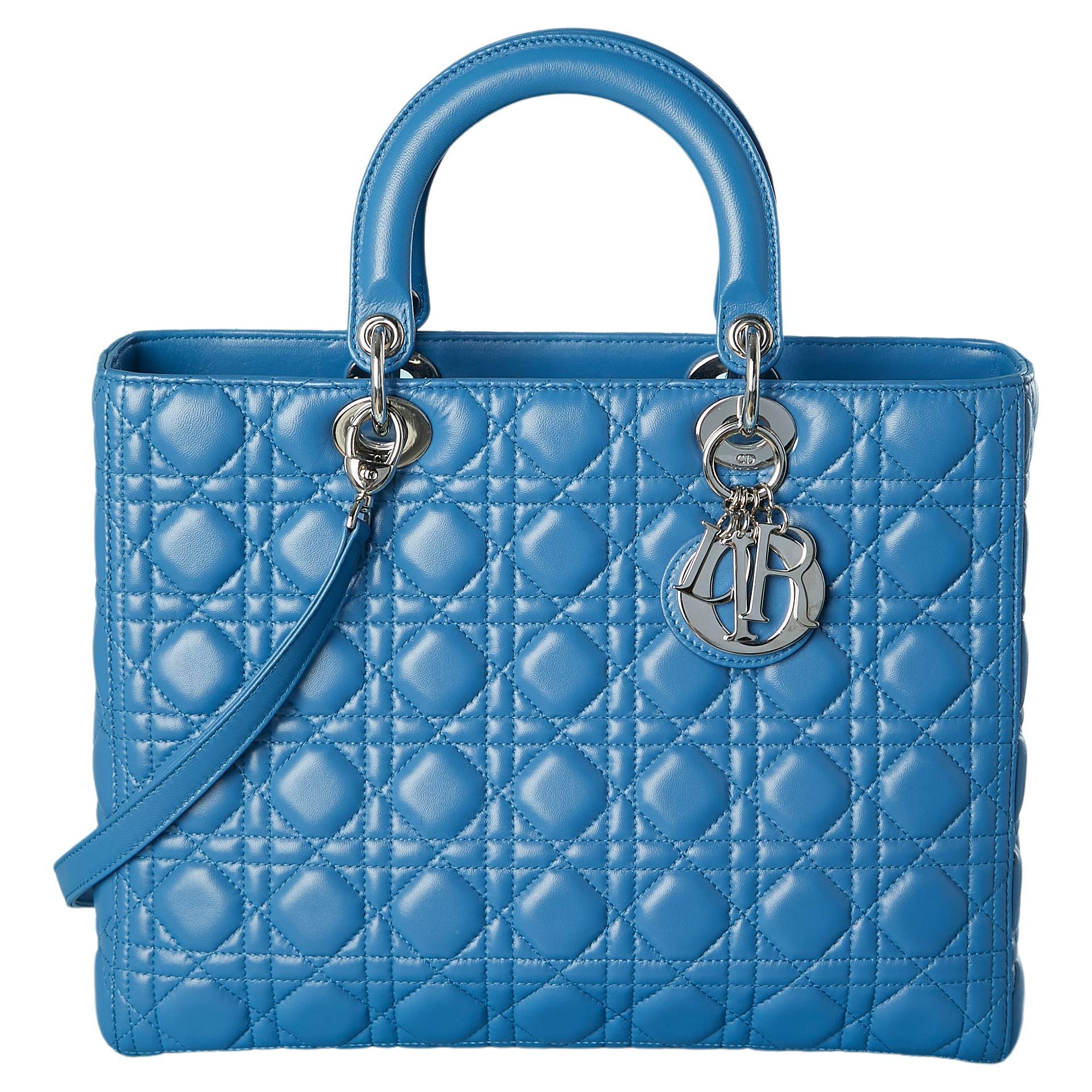 Large blue top-stitched leather Lady Dior bag Christian Dior Numbered For Sale