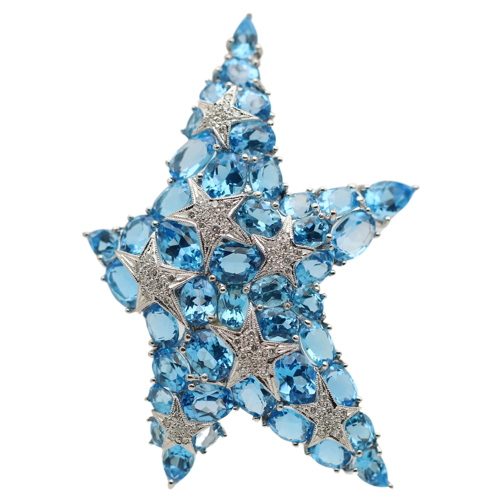 Large Blue Topaz Diamond Gold Starfish Brooch