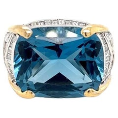 Large Blue Topaz & Diamond Ring in 14K White and Yellow Gold