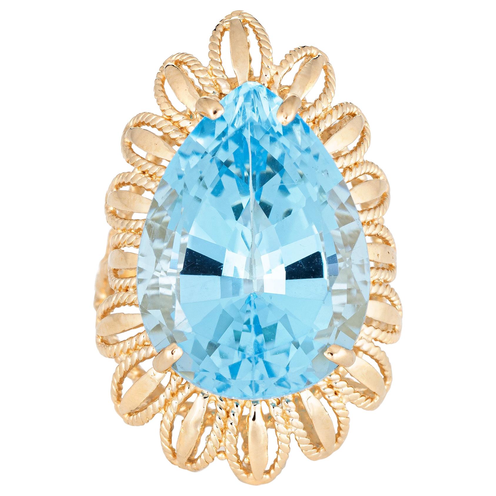 Large Blue Topaz Ring Vintage 14 Karat Yellow Gold Pear Cut Cocktail Jewelry