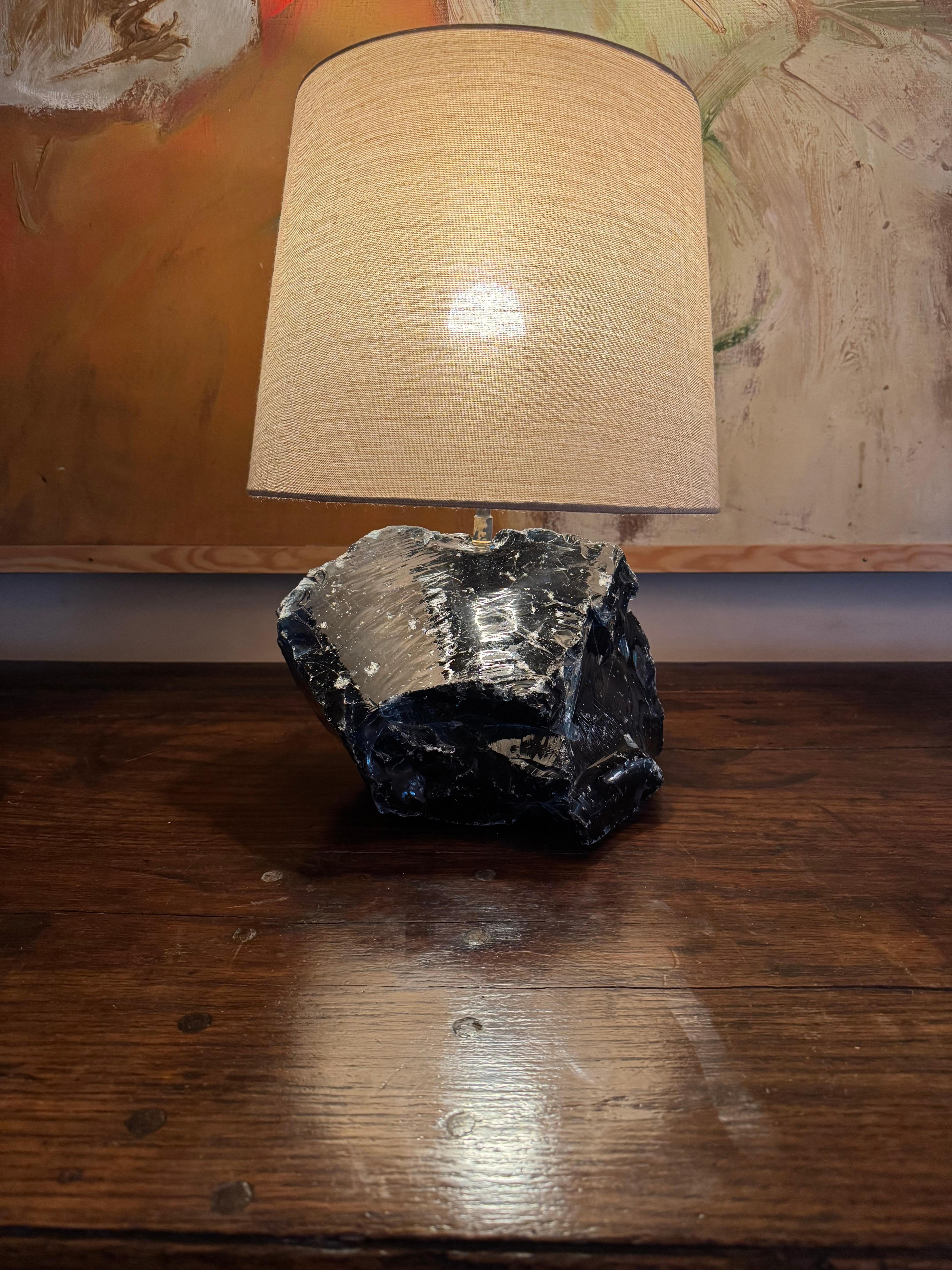 Large blue unpolished  glass lamp after a design by Jean-Michel Frank In Good Condition For Sale In London, GB