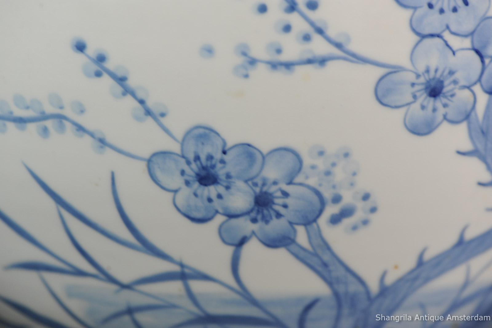 Large Blue White Chinese Porcelain Fishbowl Planter Flowers and Ducks China 3