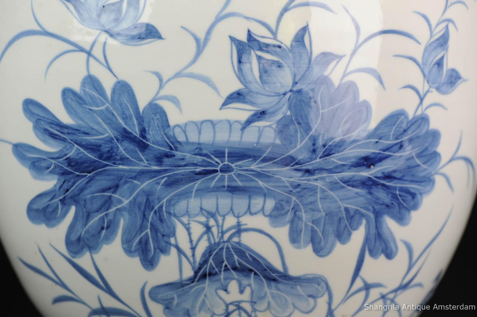 Large Blue White Chinese Porcelain Fishbowl Planter Flowers and Ducks China 4