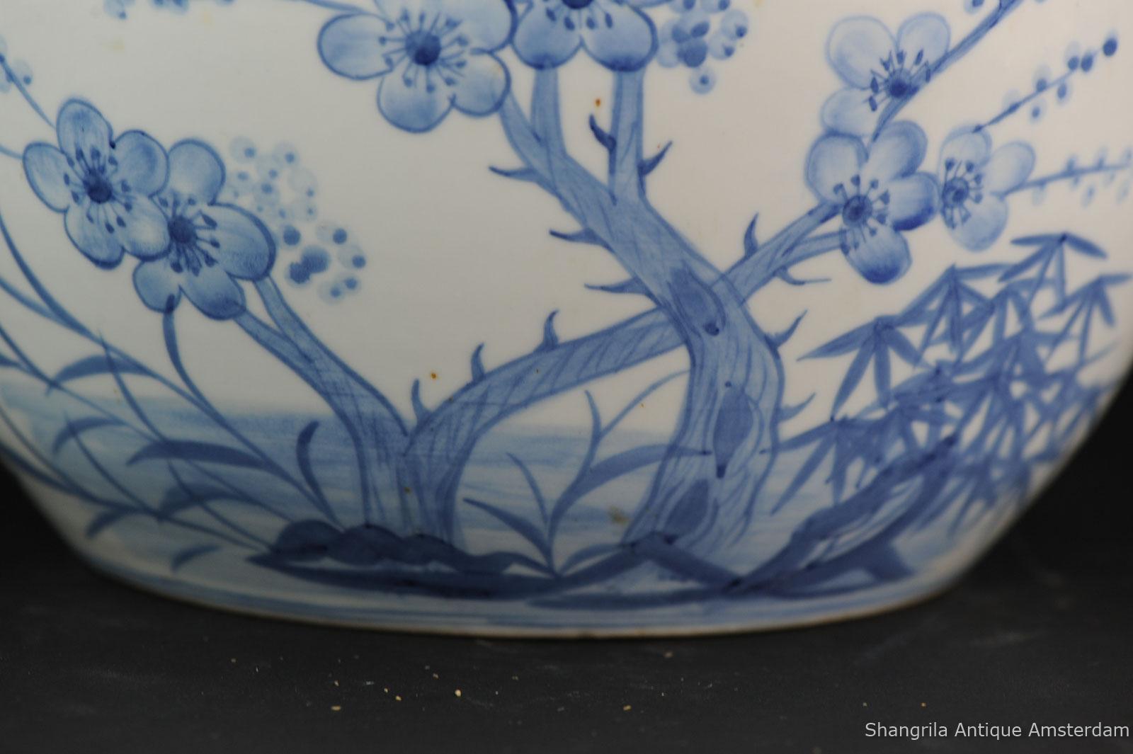 Large Blue White Chinese Porcelain Fishbowl Planter Flowers and Ducks China 7
