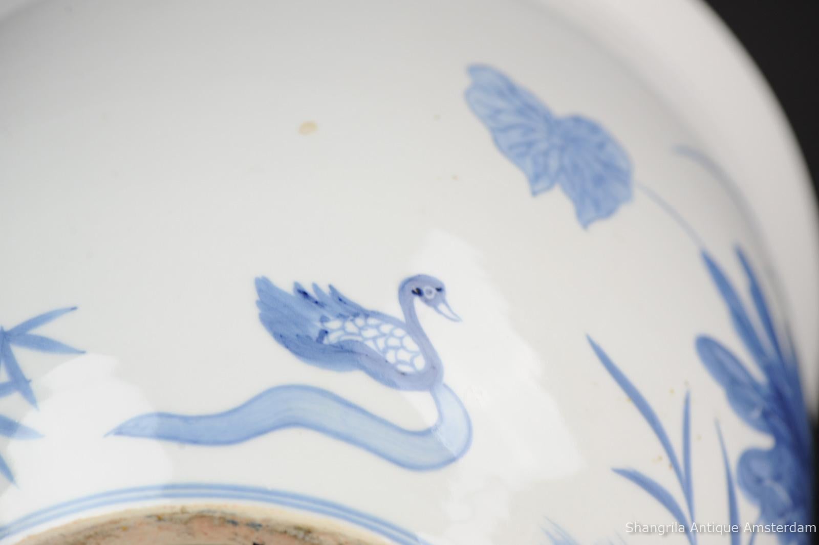 20th Century Large Blue White Chinese Porcelain Fishbowl Planter Flowers and Ducks China
