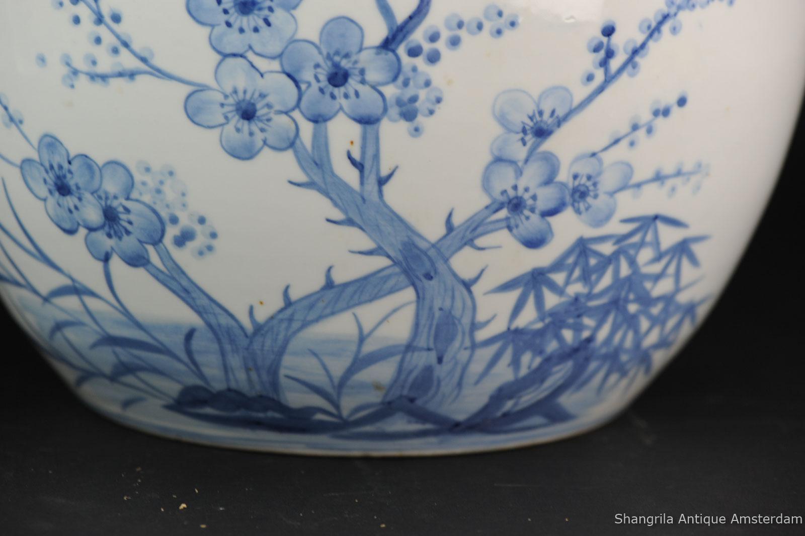 Large Blue White Chinese Porcelain Fishbowl Planter Flowers and Ducks China 2