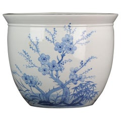 Grande jardinière en porcelaine chinoise bleue et blanche en forme d'arc-en-ciel, fleurs et canards, Chine