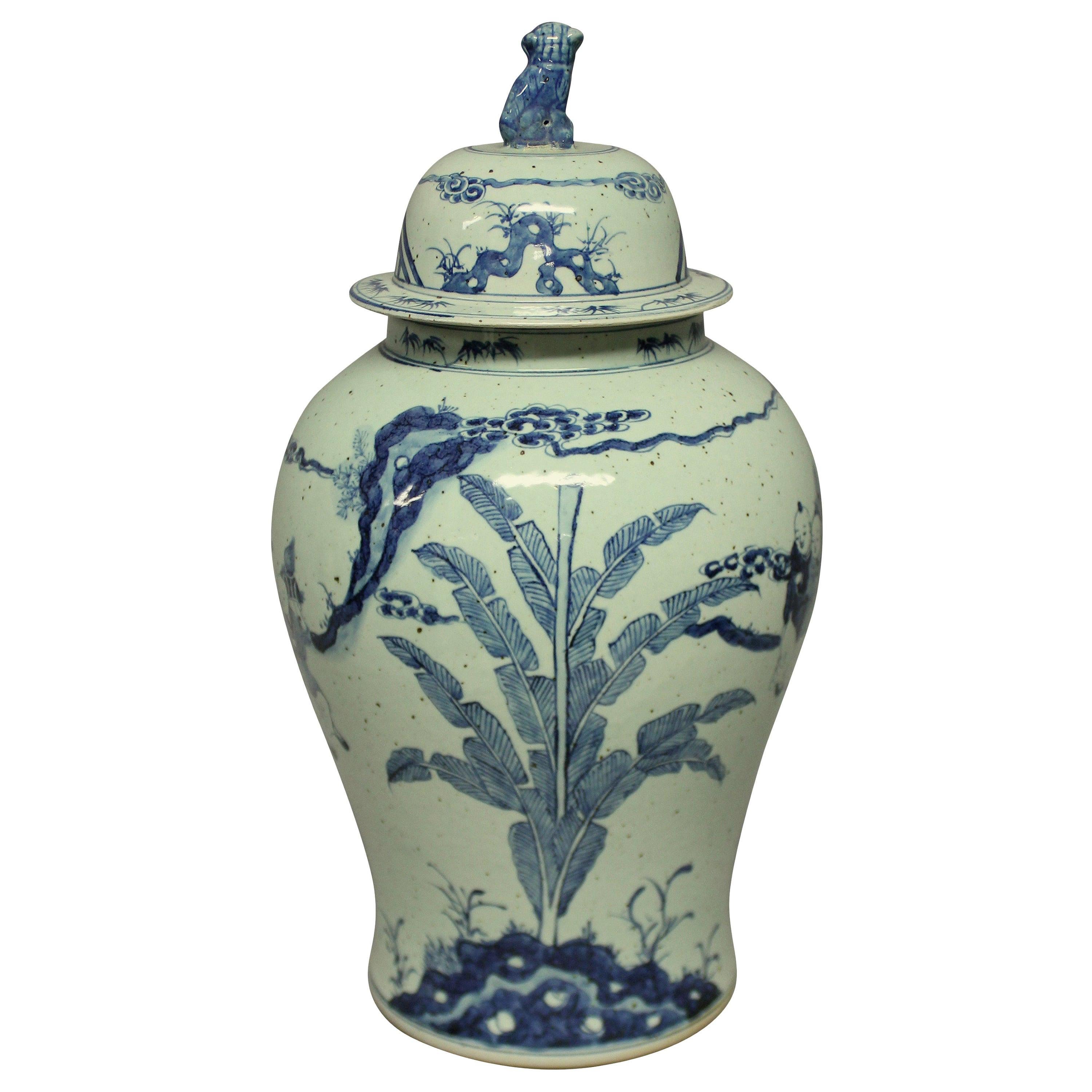 Large Blue & White Chinese Vase with Cover