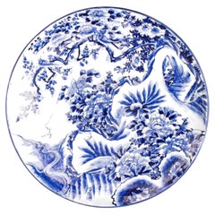 Large Blue & White Chinoiserie Porcelain Charger with Peacocks & Floral Motif