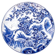 Large Blue & White Chinoiserie Porcelain Charger with Peacocks & Floral Motif