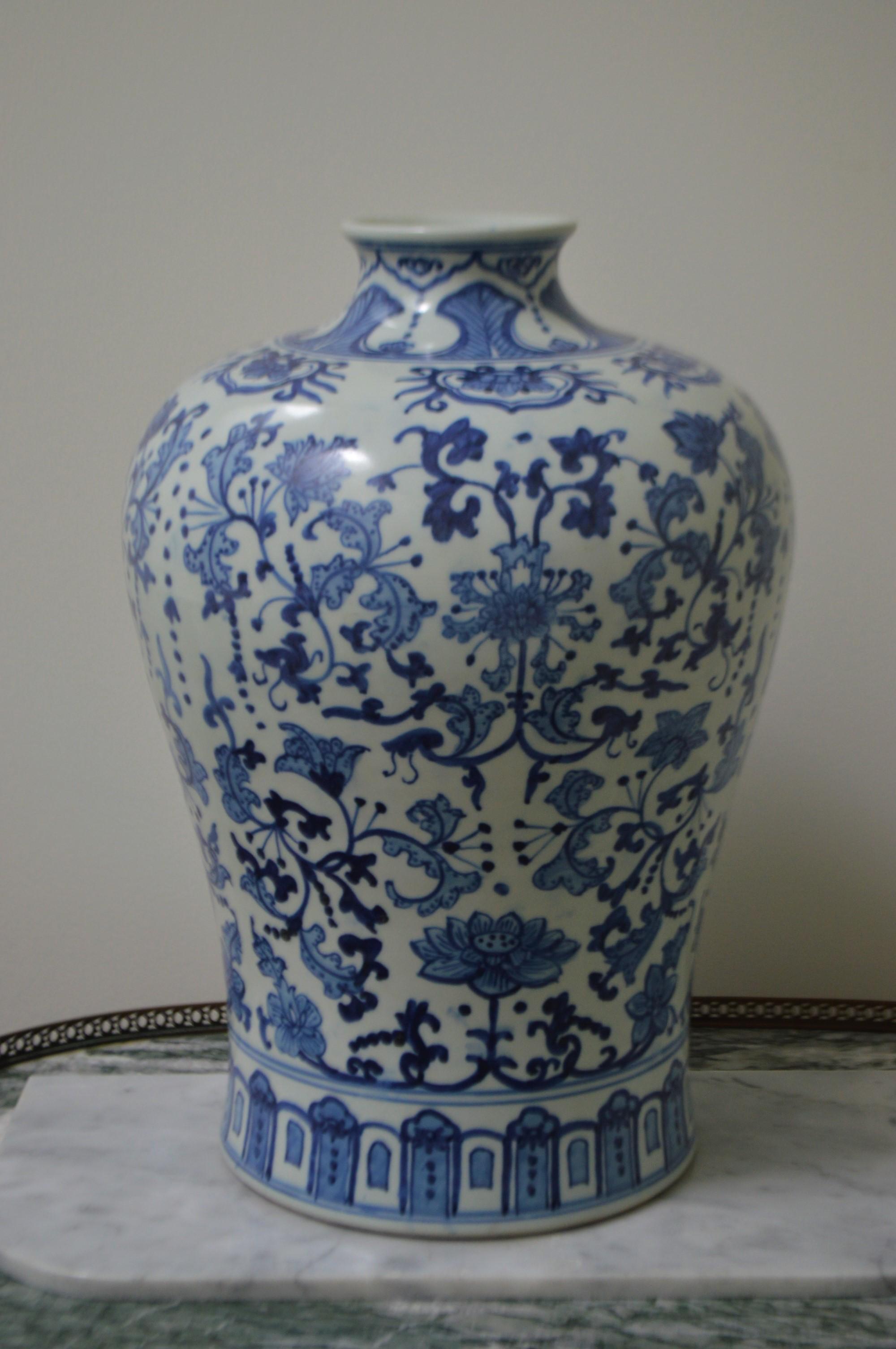 Large Blue, White Floral Chinese Porcelain Vase with Apocryphal Quinlong Mark 2