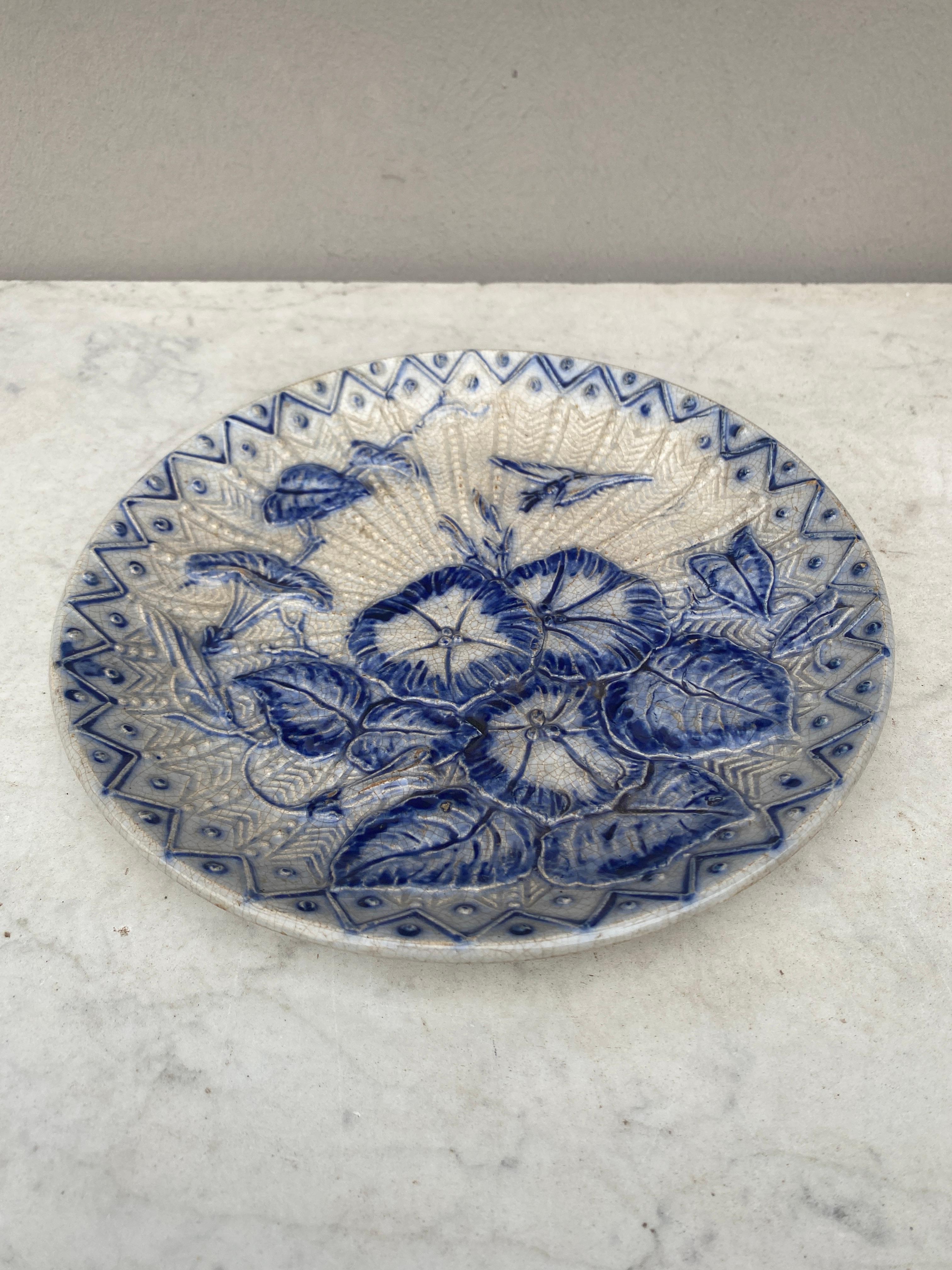 Rustic Large Blue & White Majolica Morning Glory Plate Wasmuel, circa 1890