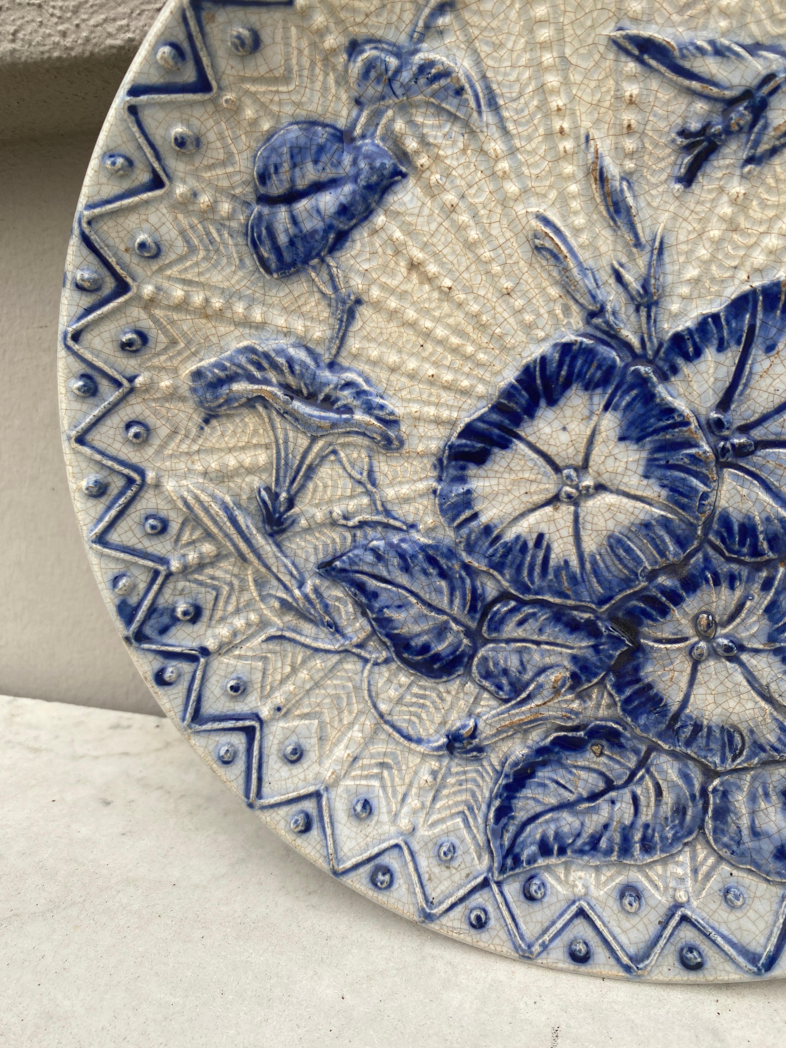 Belgian Large Blue & White Majolica Morning Glory Plate Wasmuel, circa 1890