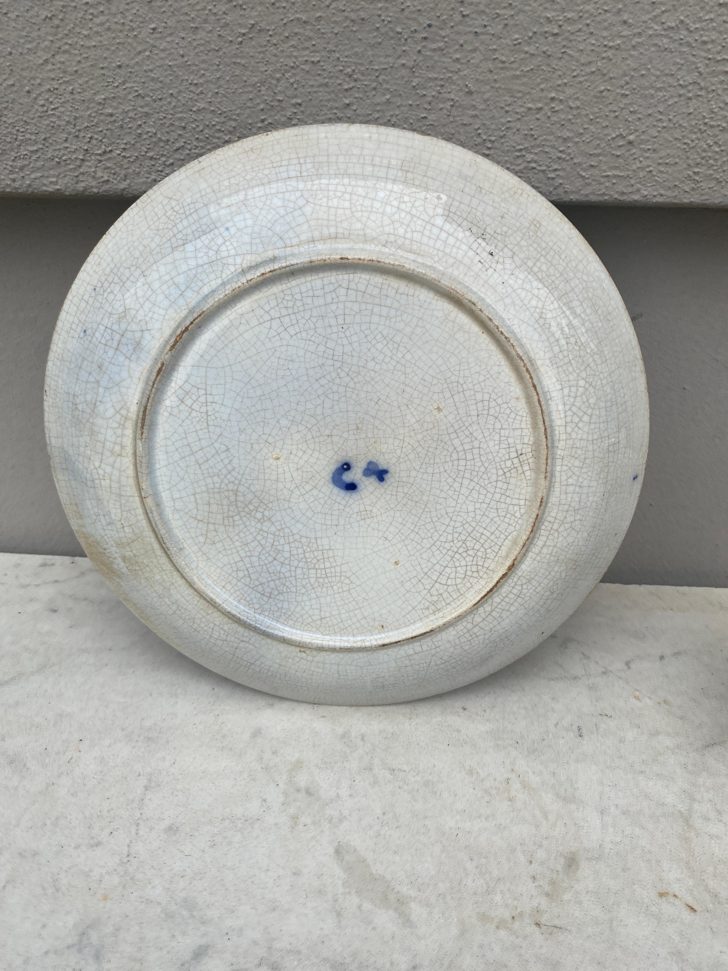 Large Blue & White Majolica Morning Glory Plate Wasmuel, circa 1890 In Good Condition In Austin, TX