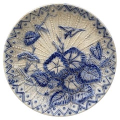 Large Blue & White Majolica Morning Glory Plate Wasmuel, circa 1890