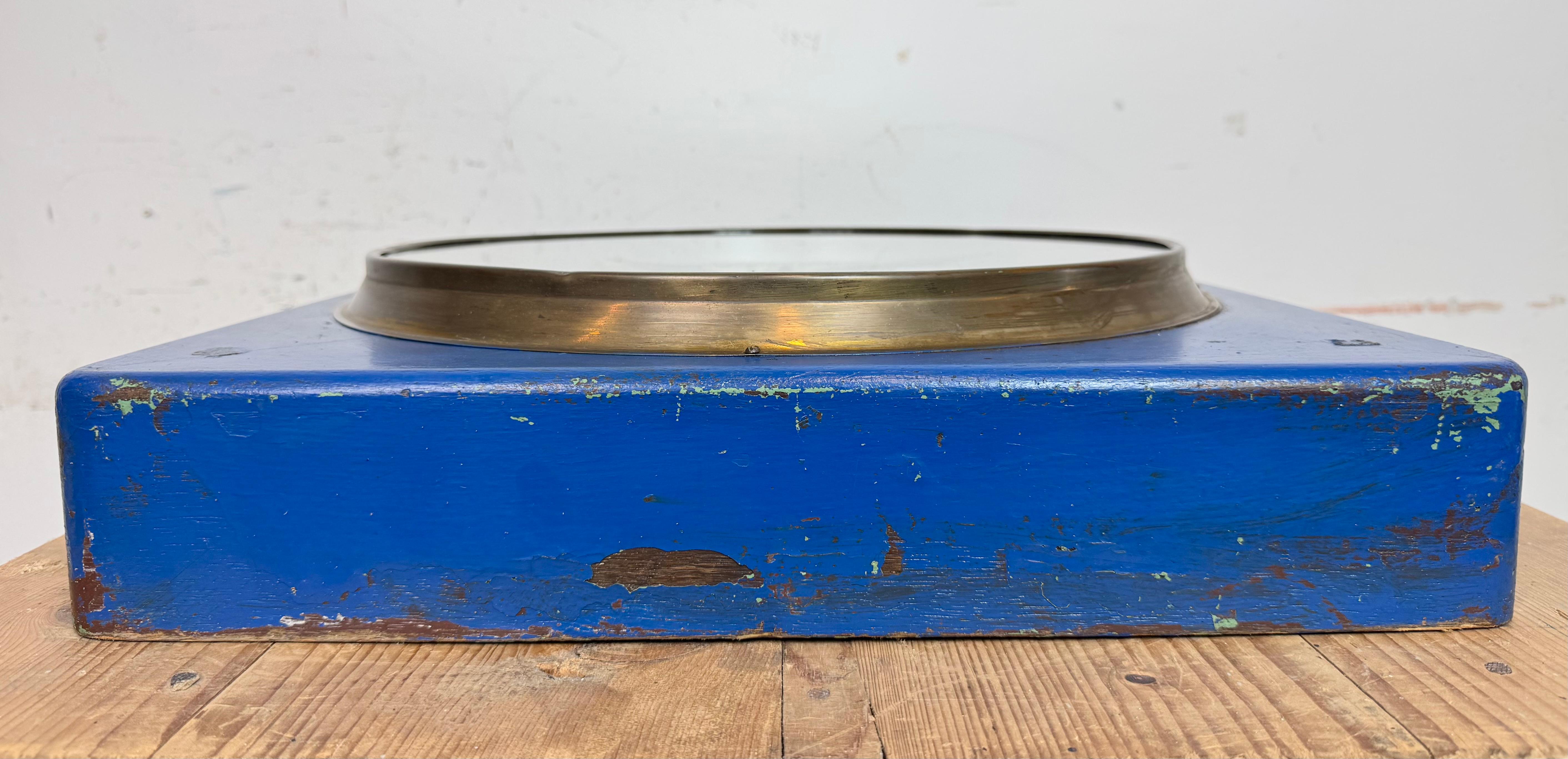 Large Blue Wooden Industrial Square Wall Clock from Burk, 1950s For Sale 4