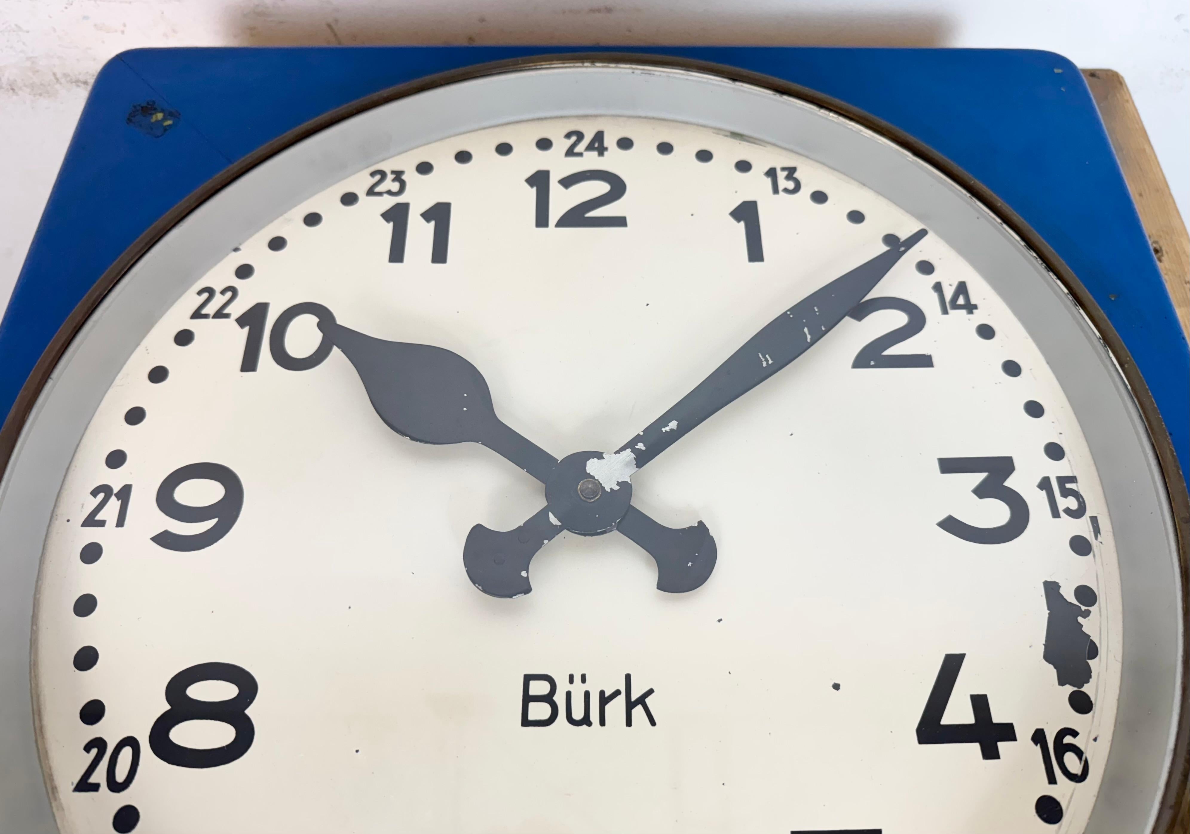 Large Blue Wooden Industrial Square Wall Clock from Burk, 1950s For Sale 5