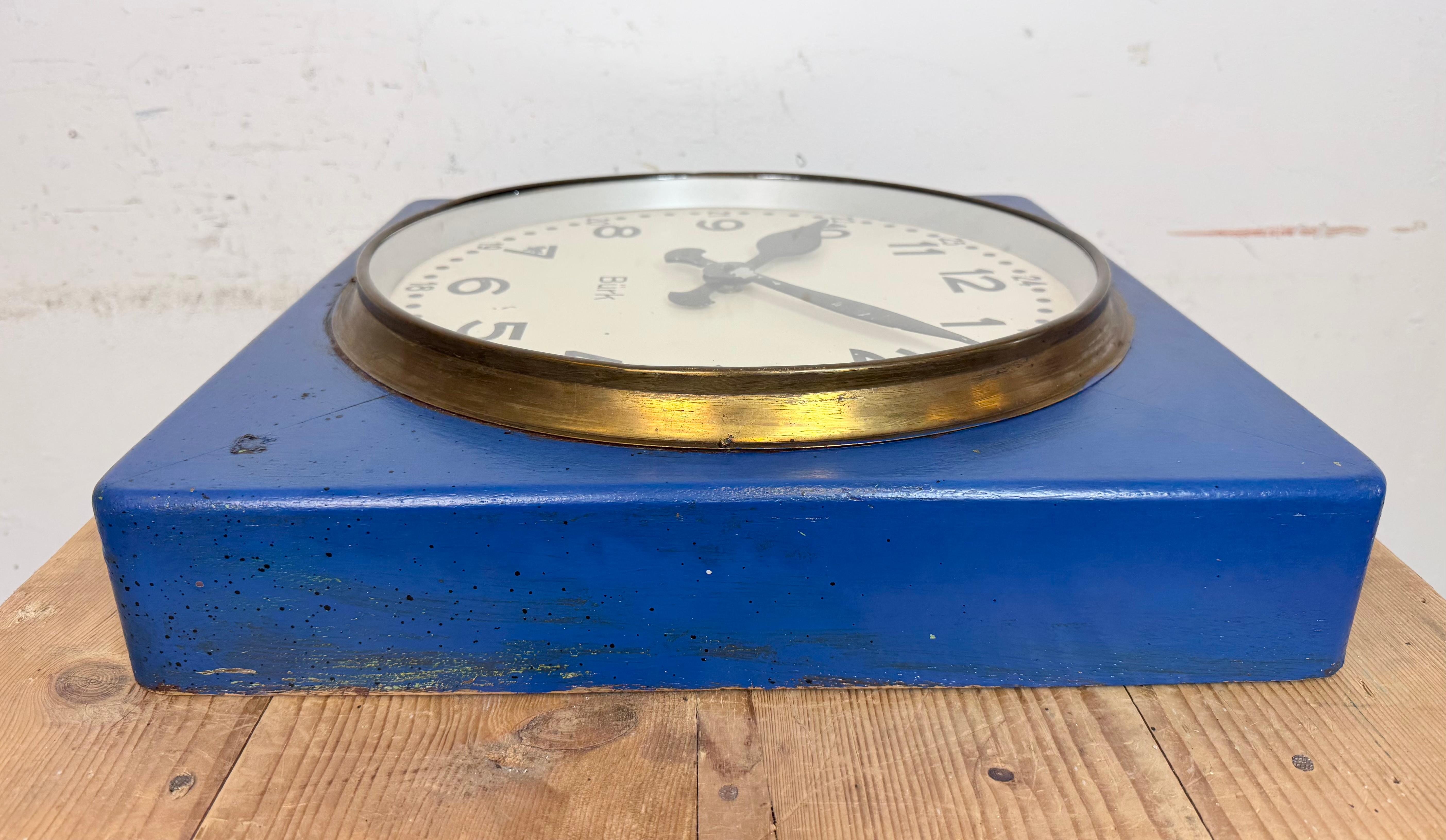 Large Blue Wooden Industrial Square Wall Clock from Burk, 1950s For Sale 6