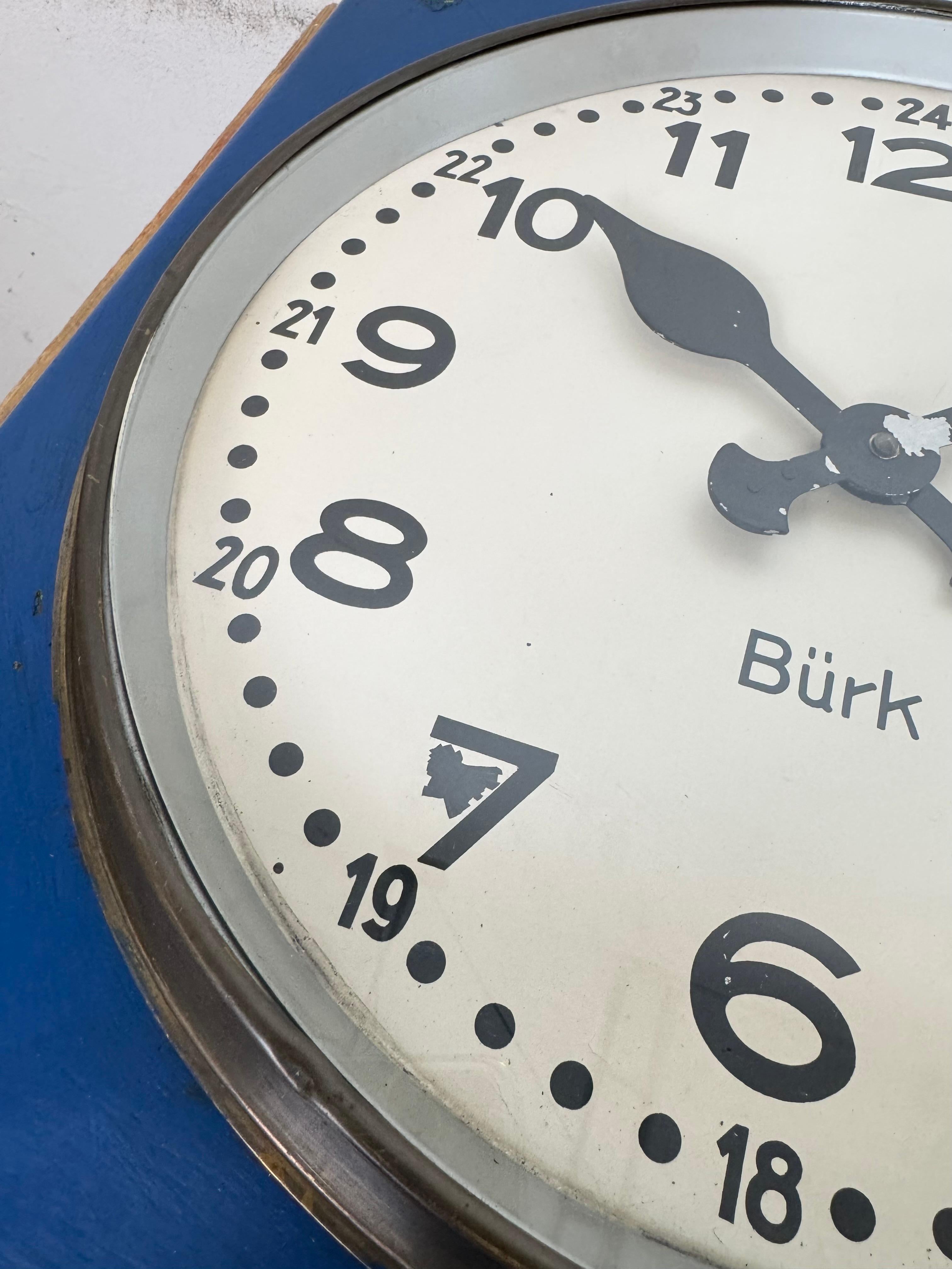 Large Blue Wooden Industrial Square Wall Clock from Burk, 1950s For Sale 7