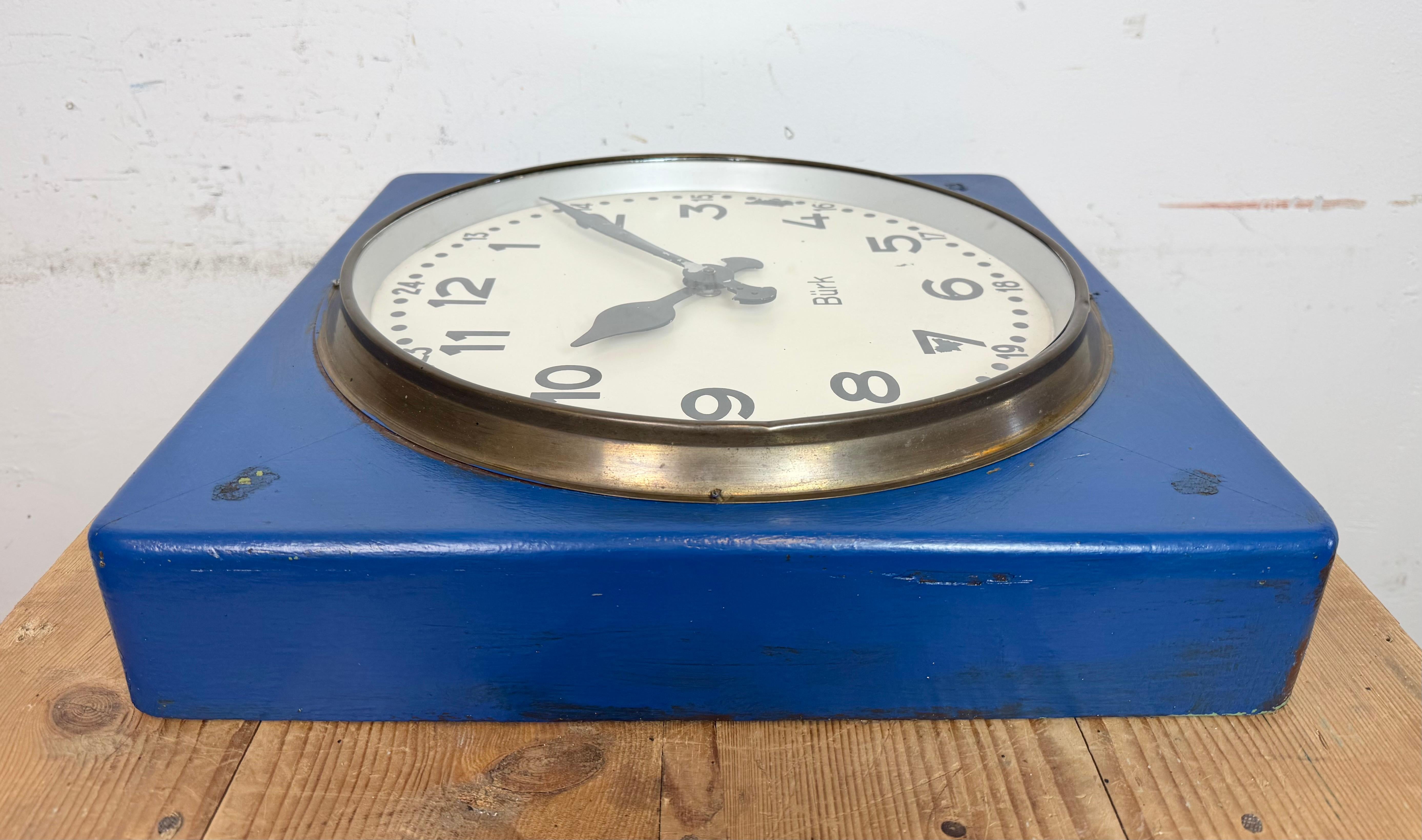 Large Blue Wooden Industrial Square Wall Clock from Burk, 1950s For Sale 8