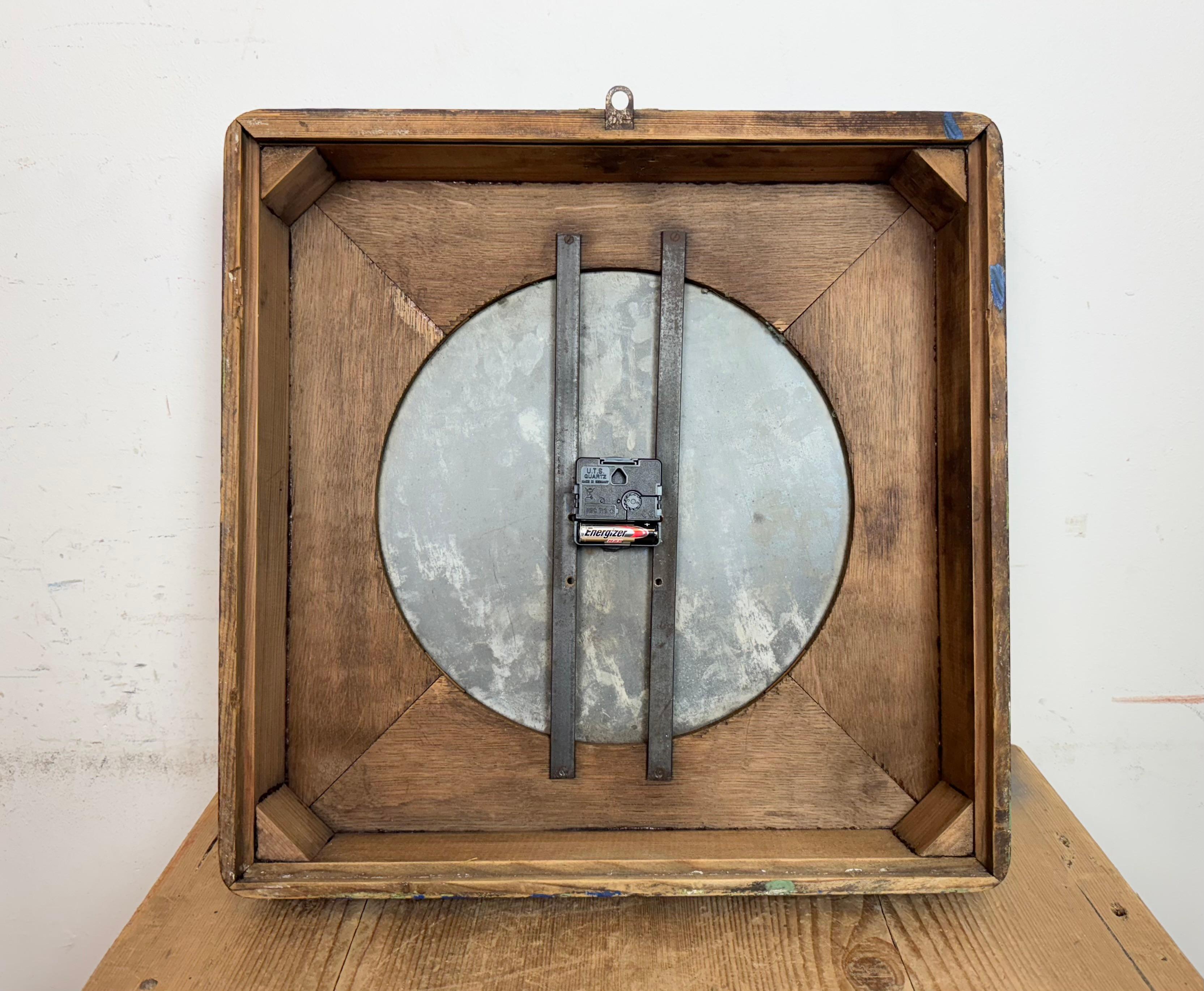 Large Blue Wooden Industrial Square Wall Clock from Burk, 1950s For Sale 10