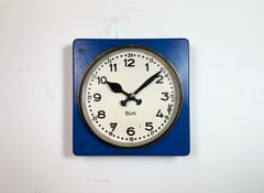 Large Blue Wooden Industrial Square Wall Clock from Burk, 1950s