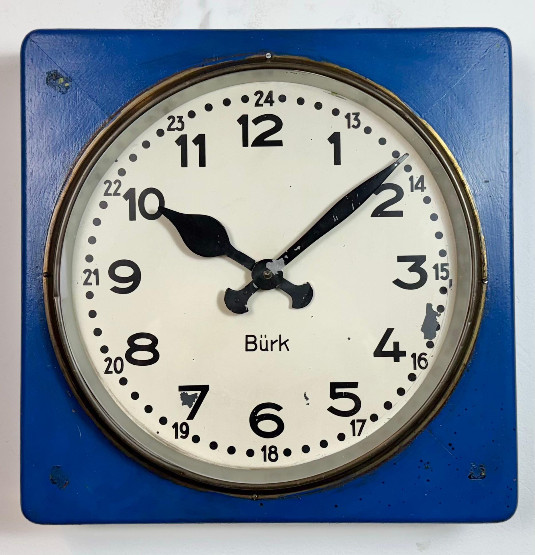 German Large Blue Wooden Industrial Square Wall Clock from Burk, 1950s For Sale