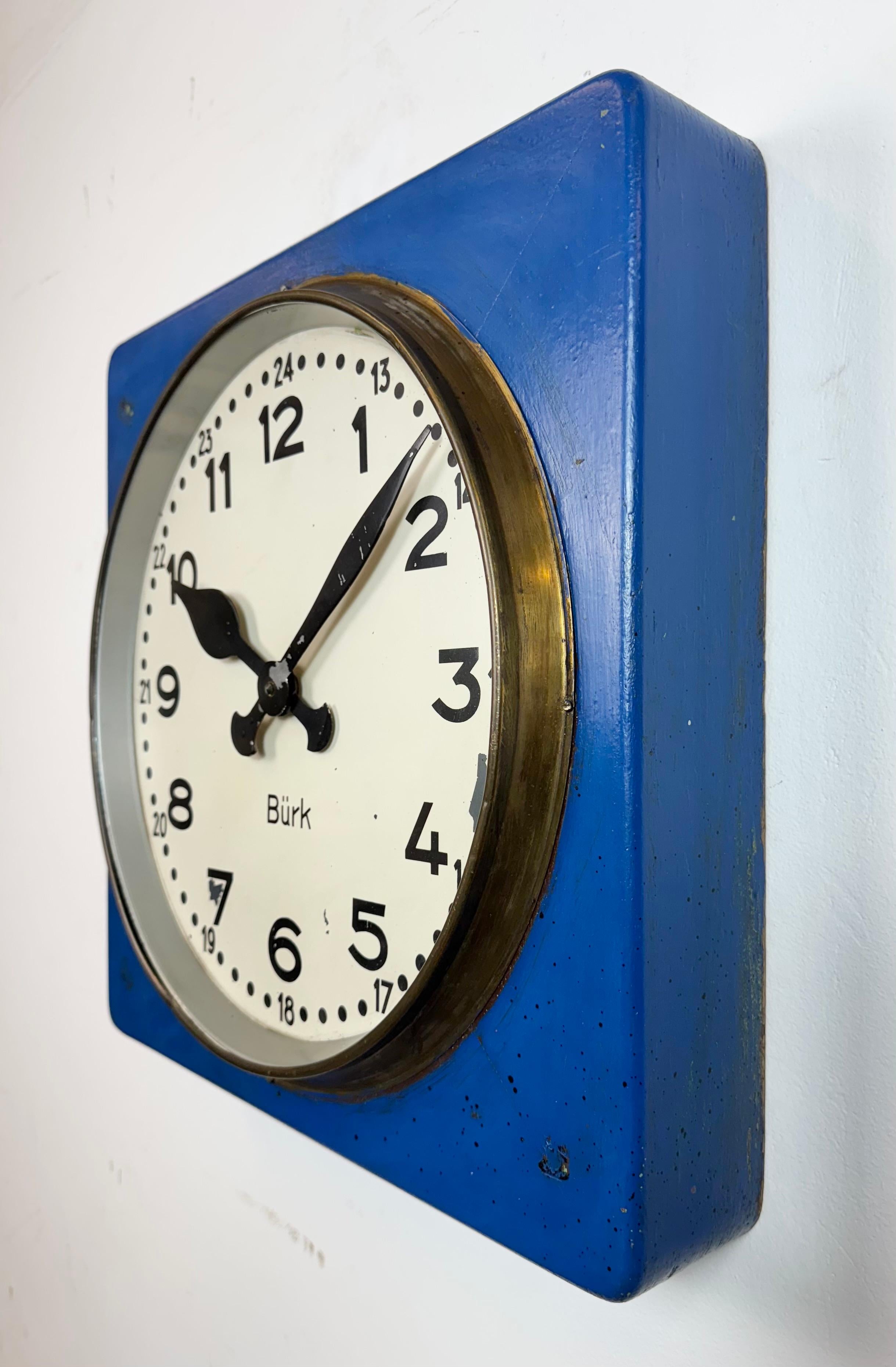 Large Blue Wooden Industrial Square Wall Clock from Burk, 1950s In Good Condition For Sale In Kojetice, CZ