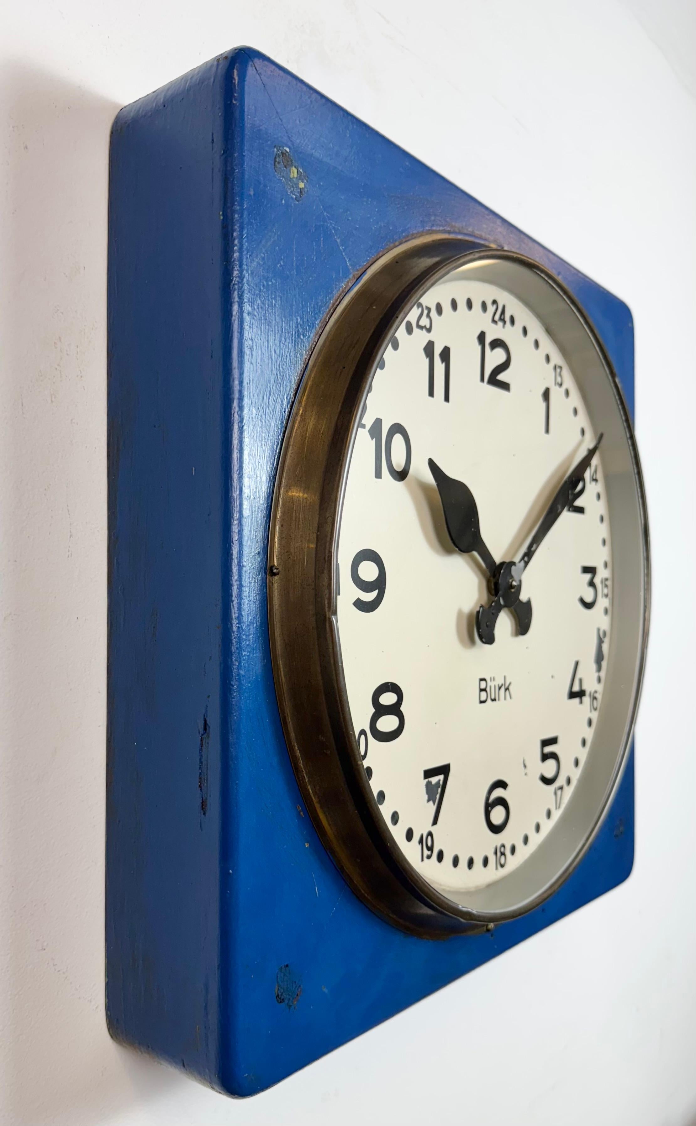 20th Century Large Blue Wooden Industrial Square Wall Clock from Burk, 1950s For Sale