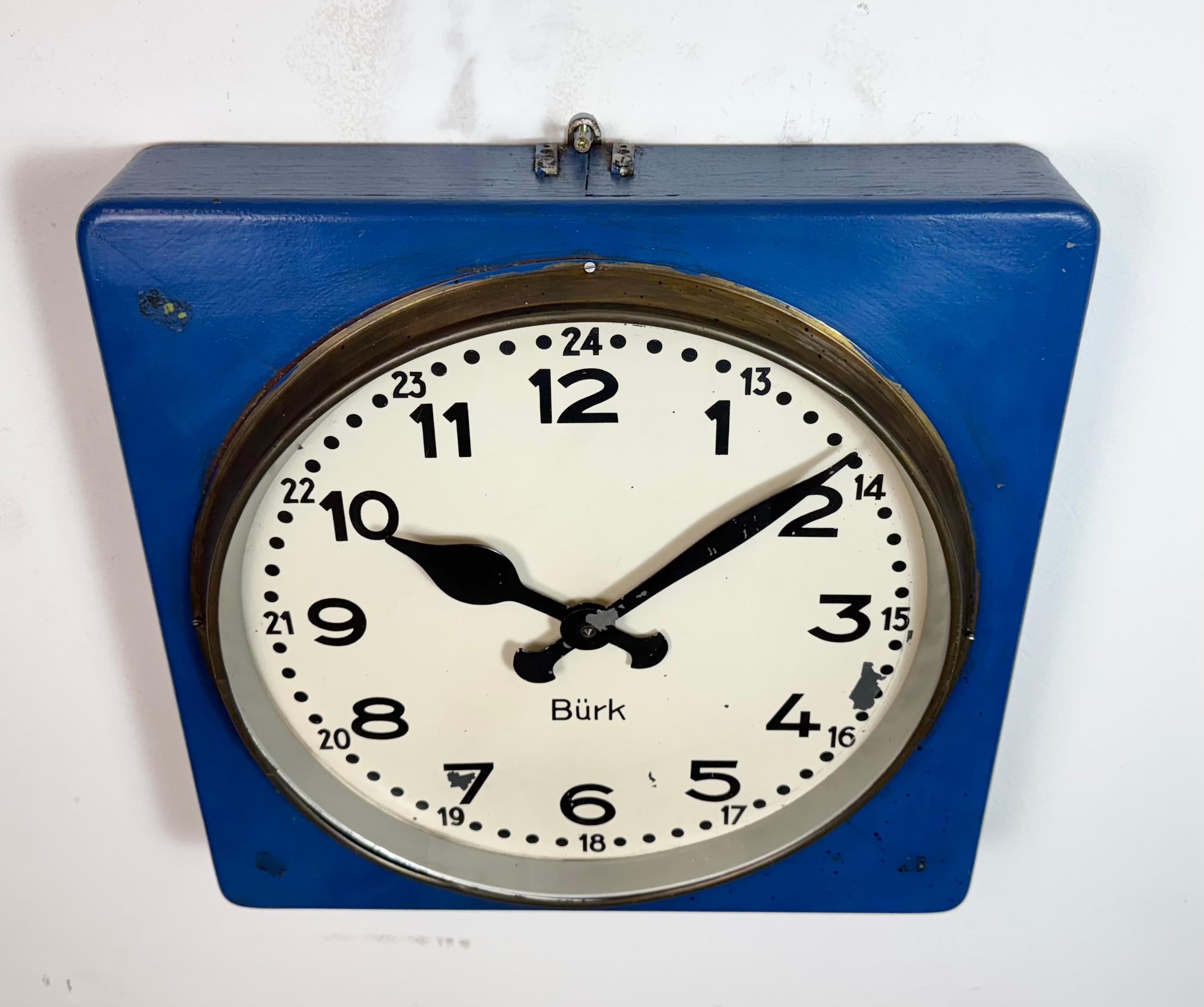 Brass Large Blue Wooden Industrial Square Wall Clock from Burk, 1950s For Sale