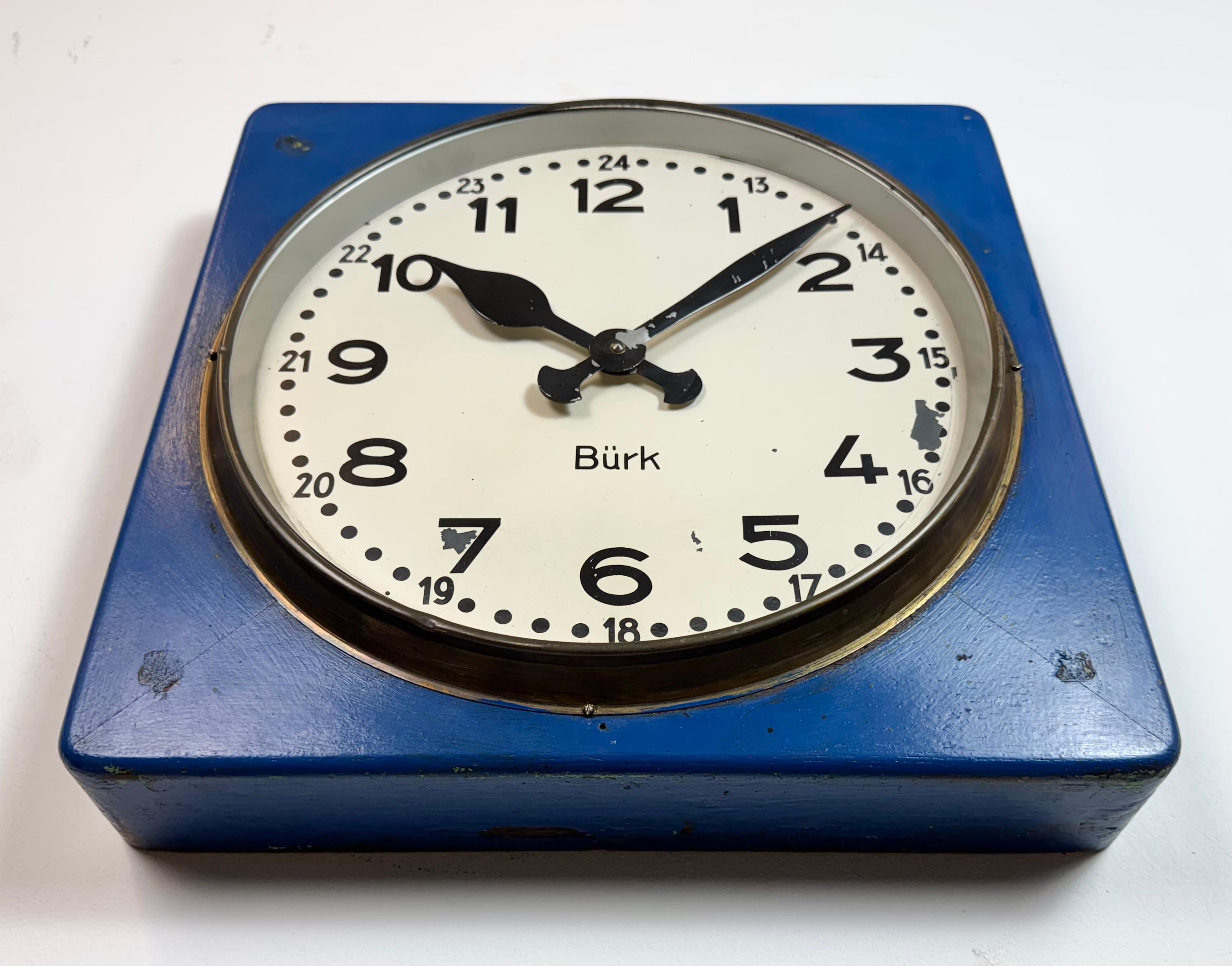Large Blue Wooden Industrial Square Wall Clock from Burk, 1950s For Sale 1
