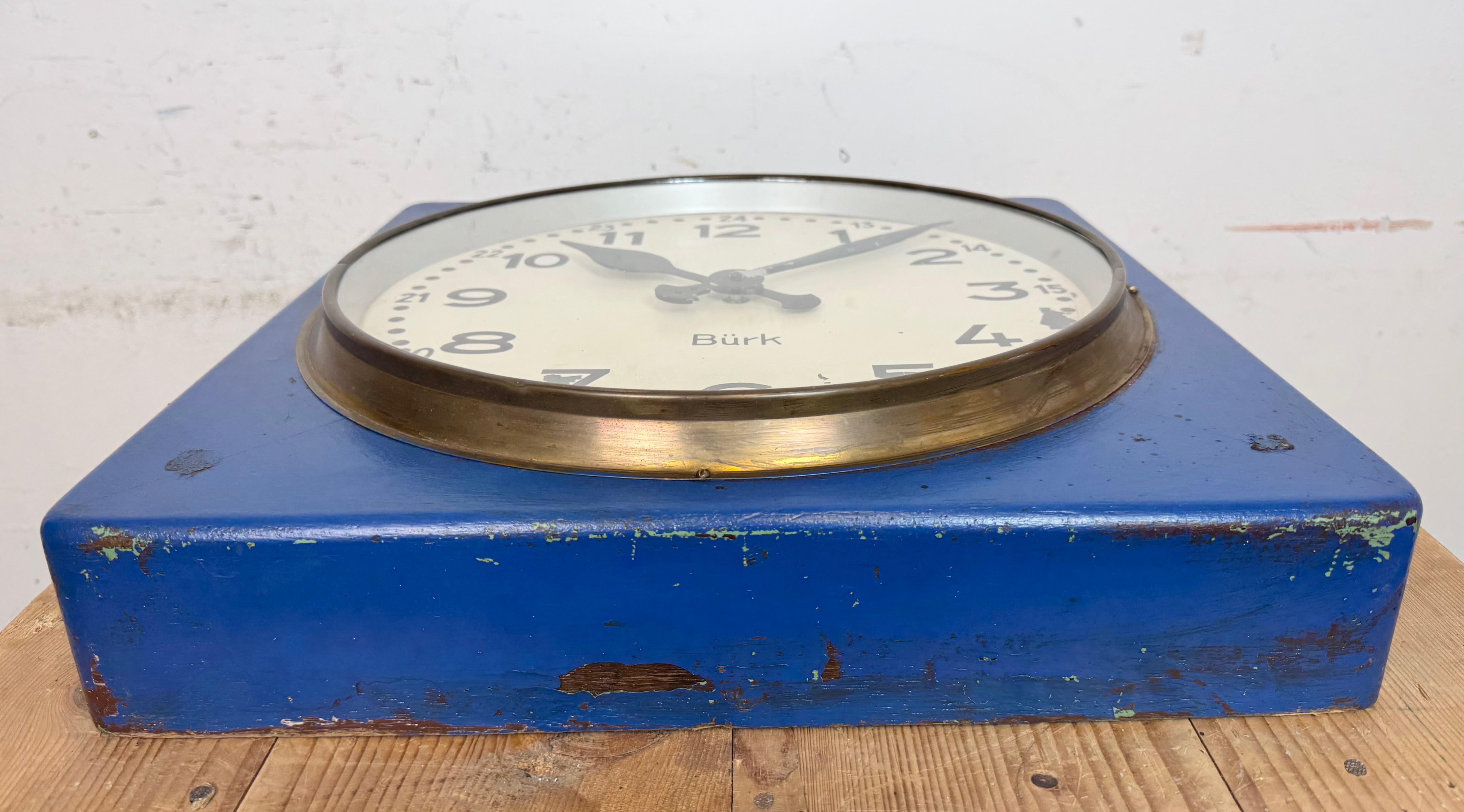 Large Blue Wooden Industrial Square Wall Clock from Burk, 1950s For Sale 2