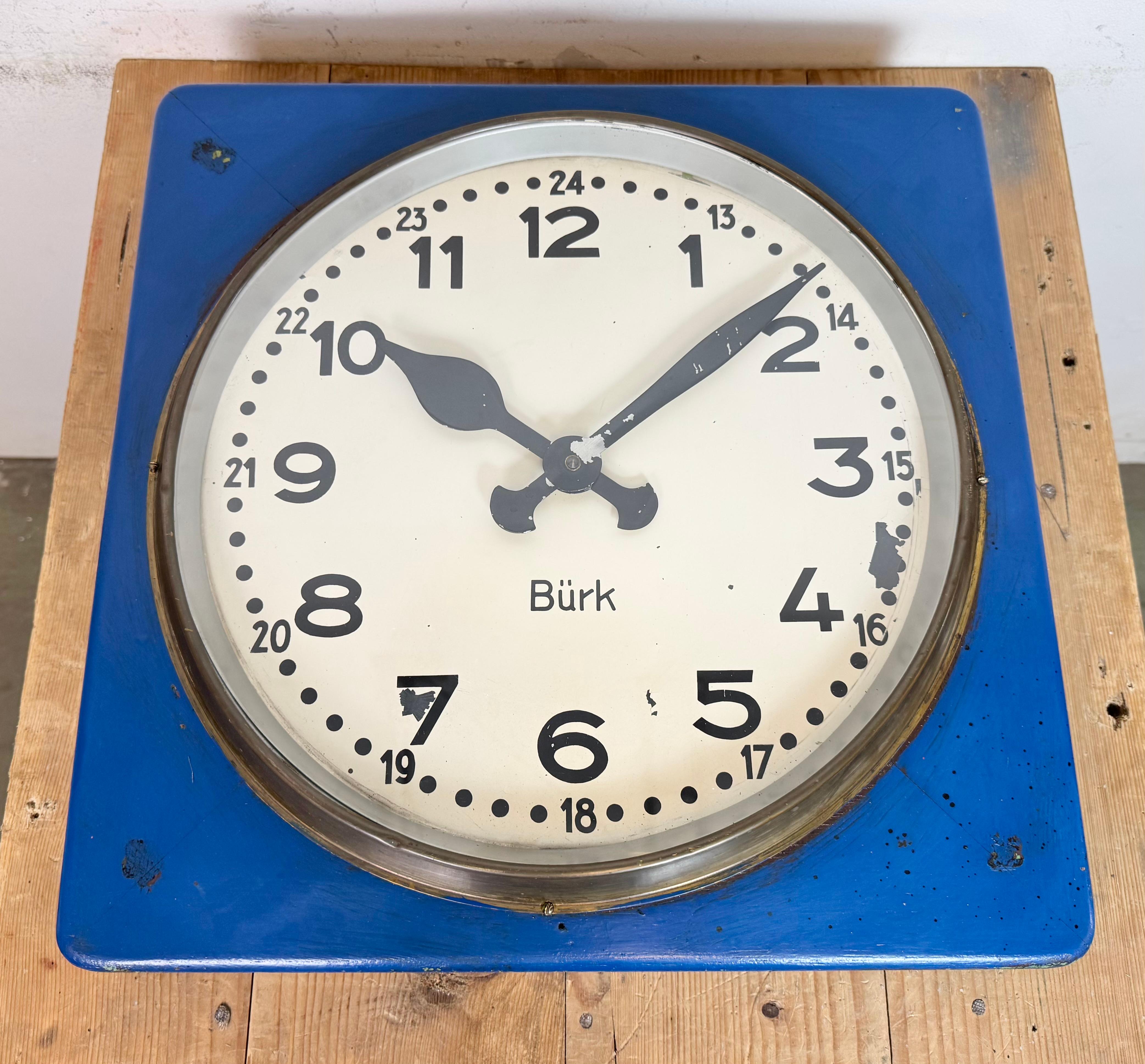 Large Blue Wooden Industrial Square Wall Clock from Burk, 1950s For Sale 3